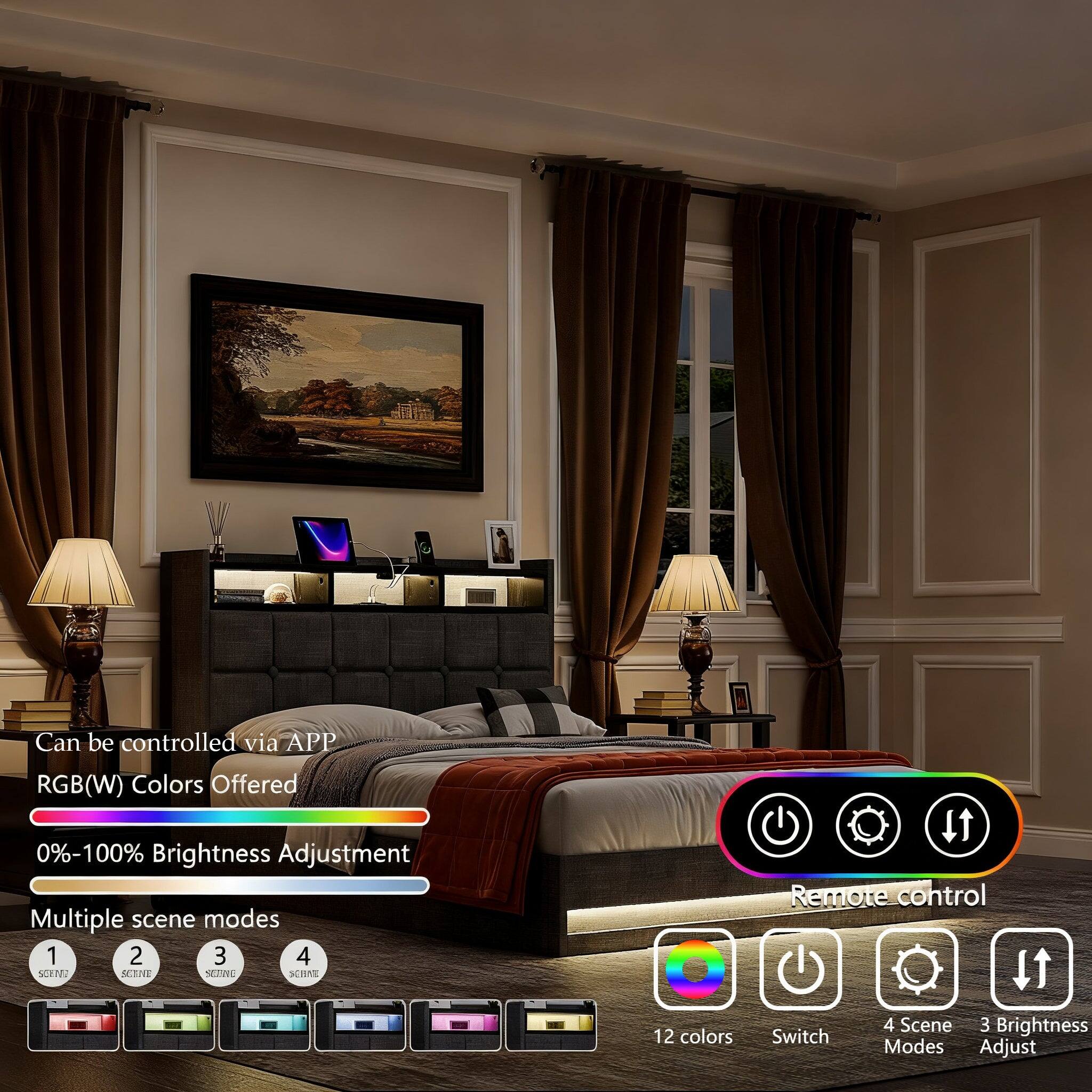 Can be controlled via APP  
RGB(W) Colors Offered  
0%-100% Brightness Adjustment  
Multiple scene modes  
1 2 3 4  

Remote control  
12 colors  
Switch  
4 Scene Modes  
3 Brightness Adjust