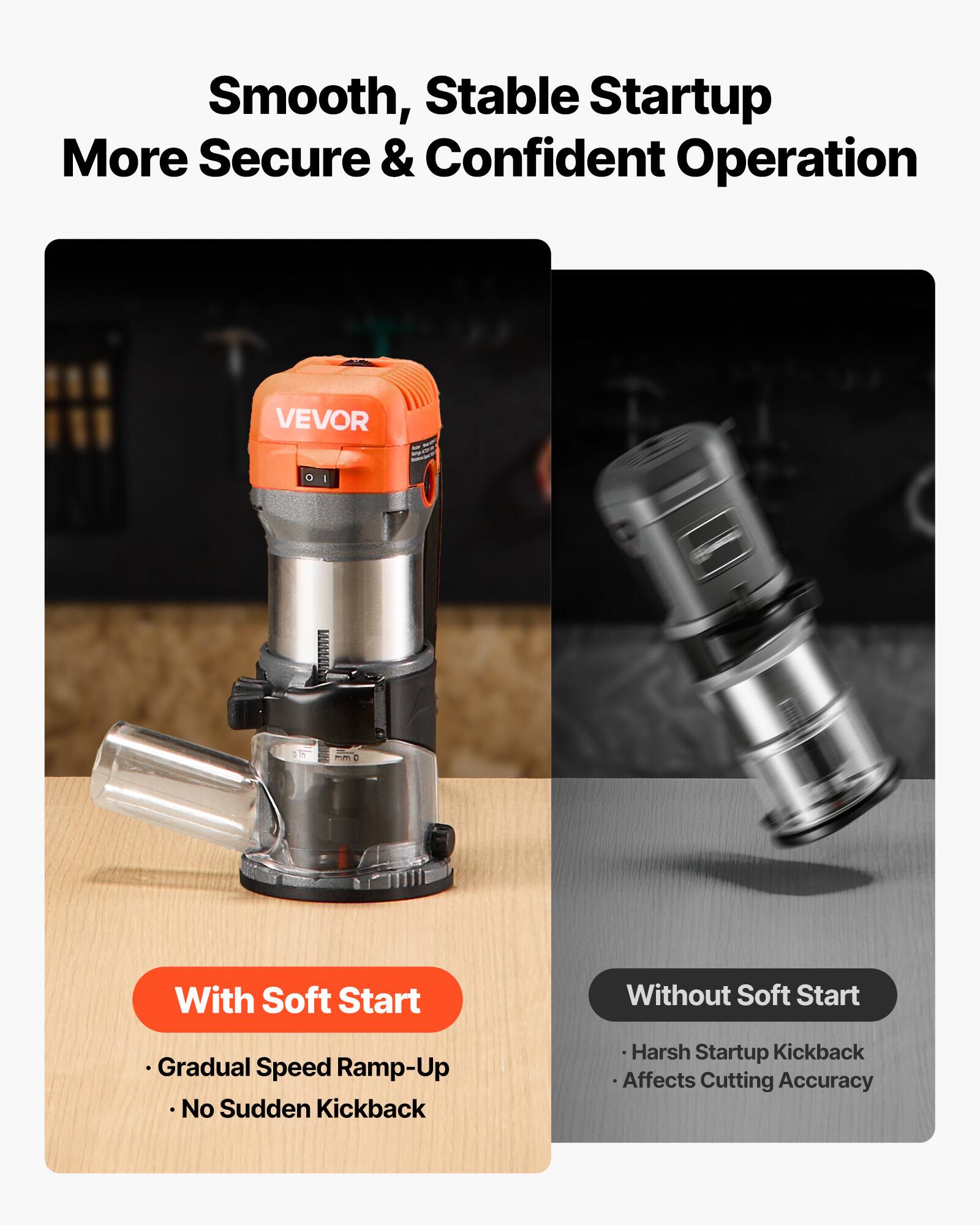 Smooth, Stable Startup  
More Secure & Confident Operation

VEVOR

With Soft Start  
- Gradual Speed Ramp-Up  
- No Sudden Kickback

Without Soft Start  
- Harsh Startup Kickback  
- Affects Cutting Accuracy