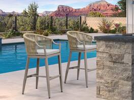 PURPLE LEAF - Patio Bar Height Set of 2 Outdoor Rattan Chairs with Back Modern Aluminum Woven Barstools for Garden Indoor Kitchen - Champagne-Bar Stool