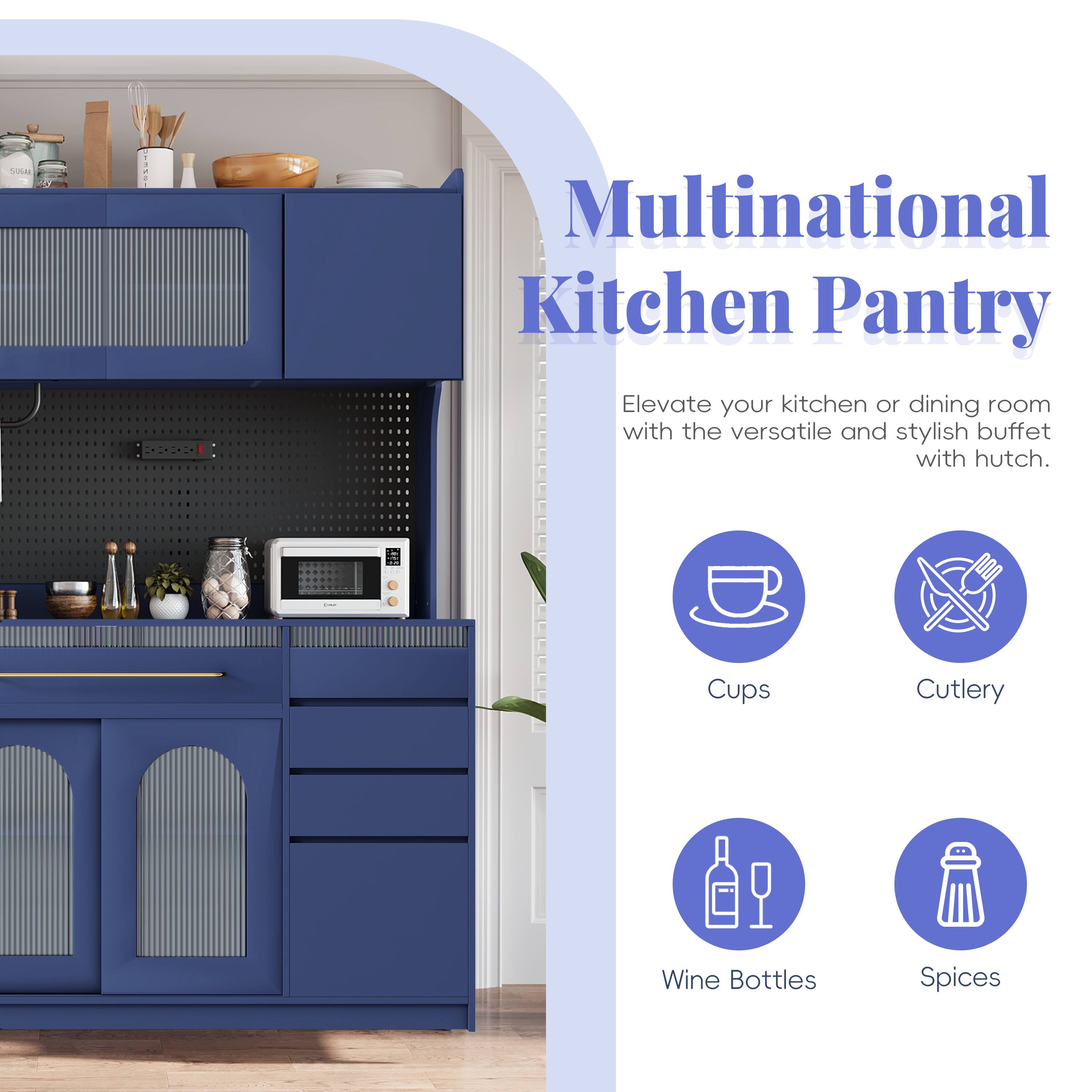 Multinational Kitchen Pantry  
Elevate your kitchen or dining room with the versatile and stylish buffet with hutch.  
Cups  
Cutlery  
Wine Bottles  
Spices
