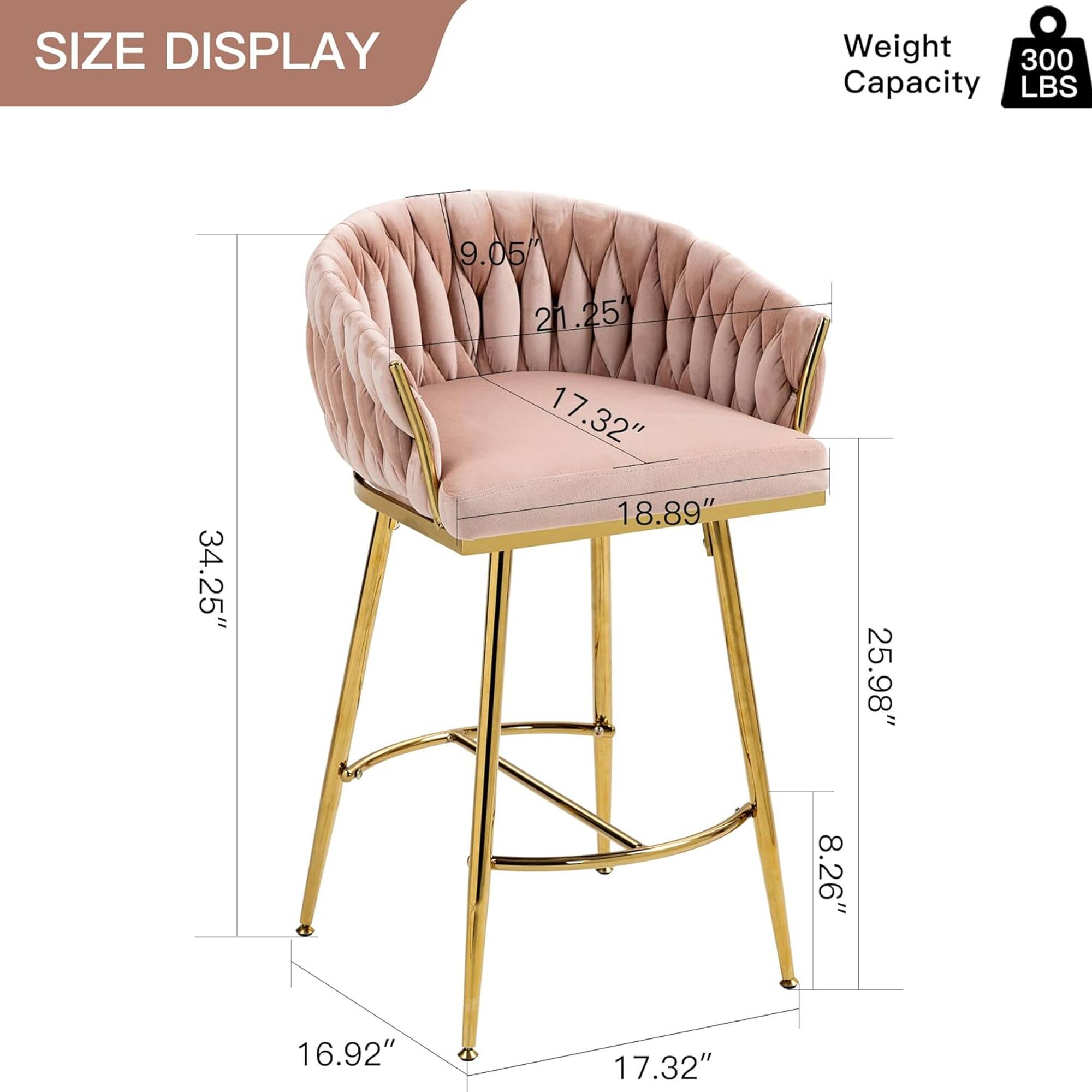 - Weight Capacity: 300 LBS
- Size Display:
  - Height: 34.25"
  - Width: 17.32"
  - Depth: 18.89"
  - Seat Height: 25.98"
  - Back Height: 21.25"
  - Armrest Height: 9.05"
  - Seat Depth: 17.32"
  - Base Width: 16.92"
  - Base Depth: 17.32"
  - Base Height: 8.26"