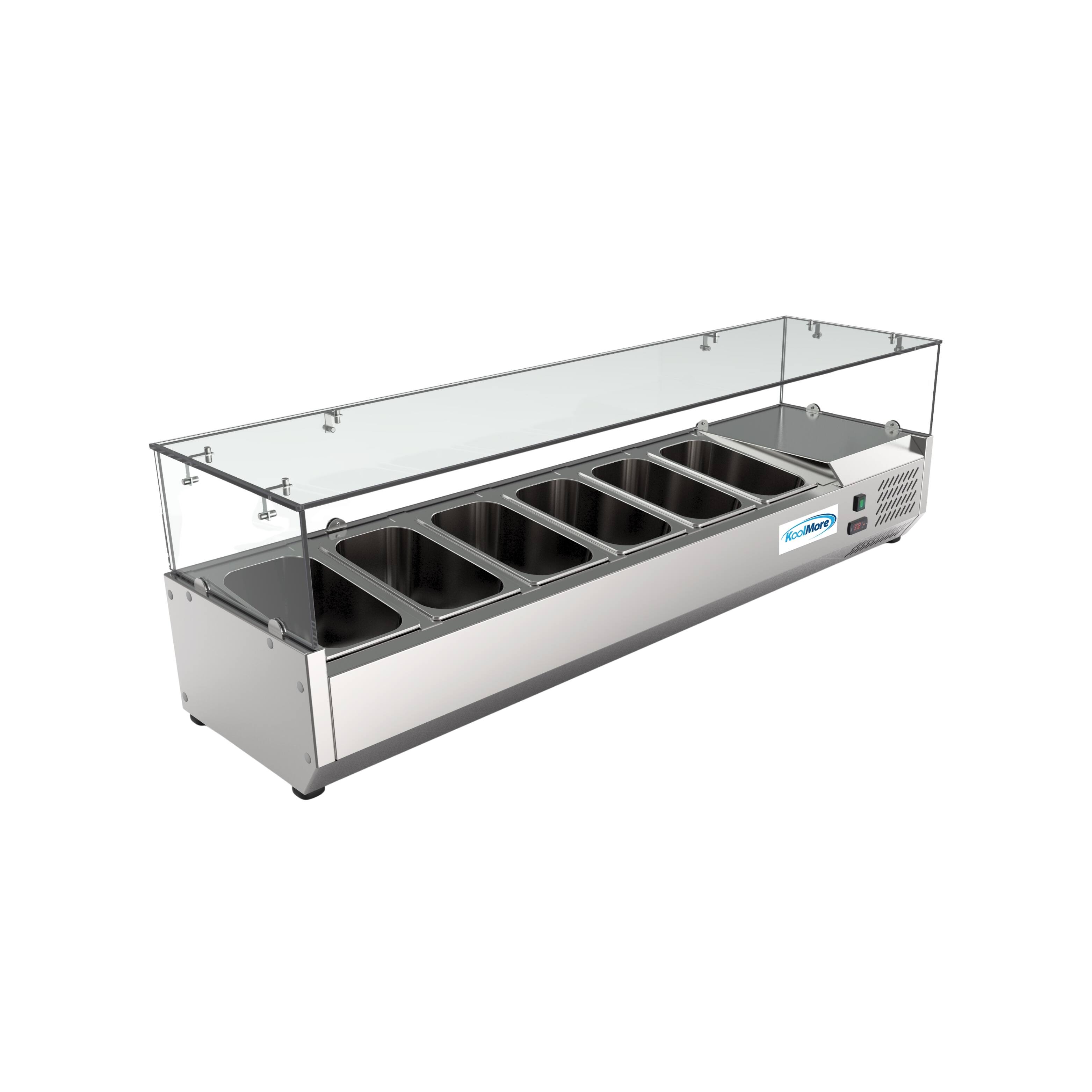 Angle. Koolmore - 59 in. Six Pan Refrigerated Countertop Condiment Prep Station - SCDC-6P-SG - Stainless-Steel.