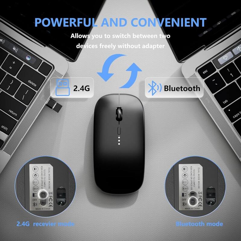 POWERFUL AND CONVENIENT  
Allows you to switch between two devices freely without adapter  

2.4G  
Bluetooth  

2.4G receiver mode  
Bluetooth mode