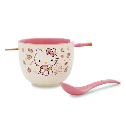 Front. Silver Buffalo - Sanrio Hello Kitty Apples and Cinnamon 20-Ounce Ramen Bowl and Chopstick Set - Pink.