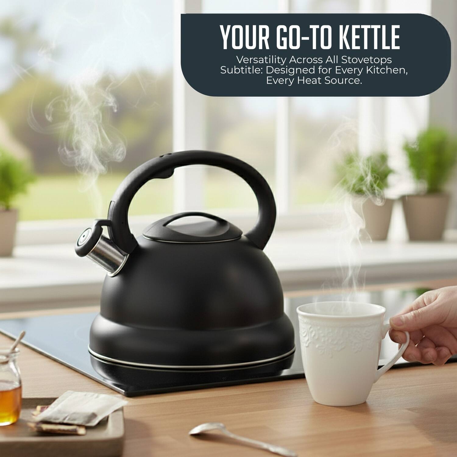 YOUR GO-TO KETTLE  
Versatility Across All Stovetops  
Subtitle: Designed for Every Kitchen, Every Heat Source.