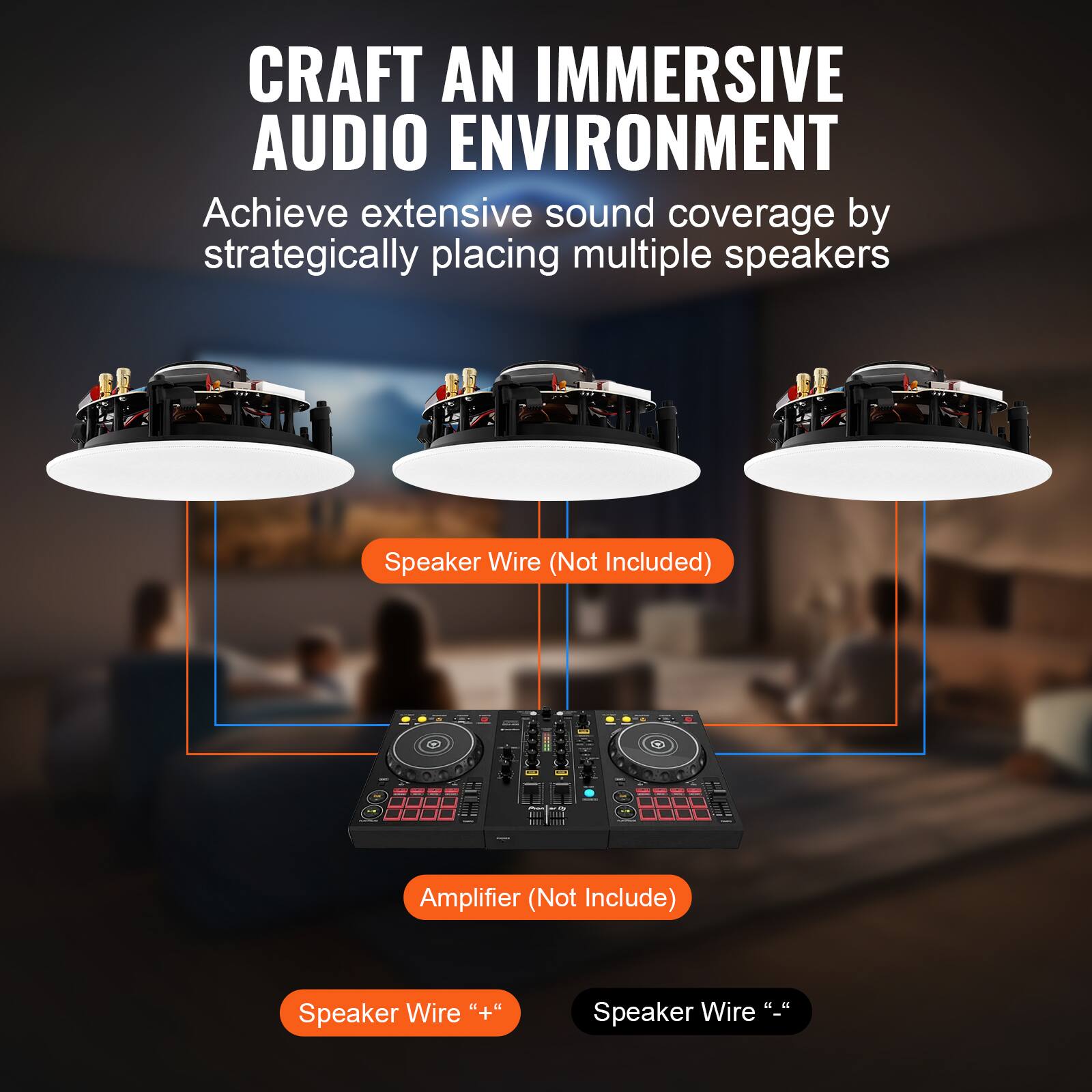 CRAFT AN IMMERSIVE AUDIO ENVIRONMENT

Achieve extensive sound coverage by strategically placing multiple speakers

Speaker Wire (Not Included)

Amplifier (Not Included)

Speaker Wire “+”

Speaker Wire “-”