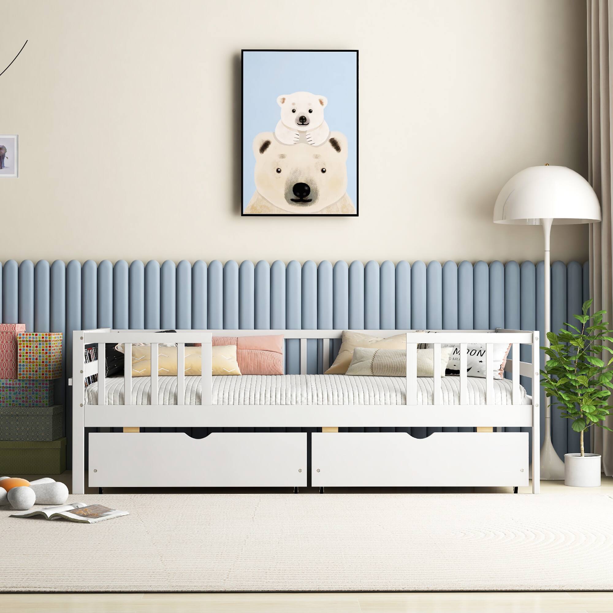 Alt View 5. Gymax - Gymax Twin Size Kids Bed w/ Storage 2 Pull-out Drawers Side Shelf for Children & Teens - White.