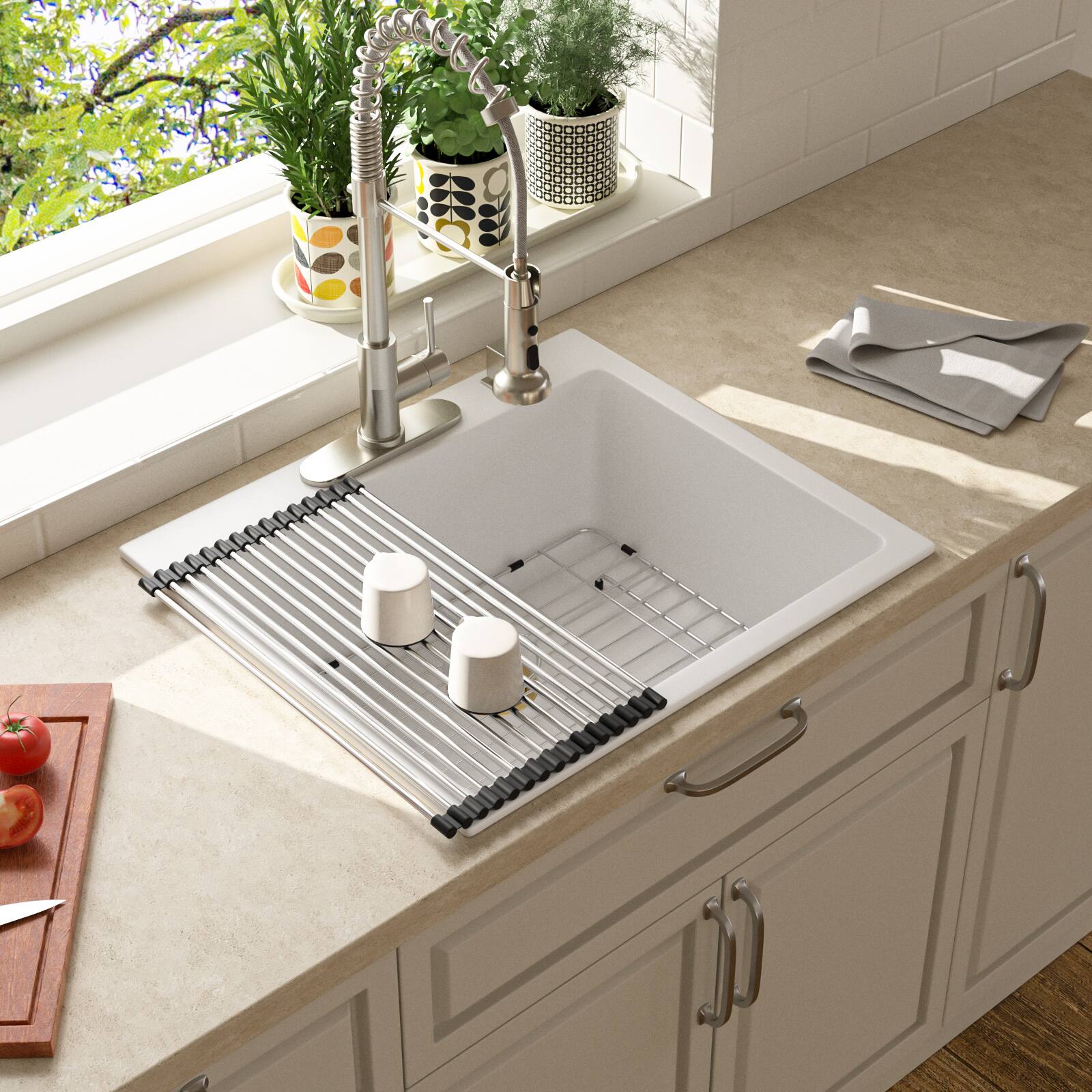 Angle. Lordear - 25x22x10 Inch White Granite Composite Drop In kitchen Sink Single Bowl Quartz Kitchen Sink - White.
