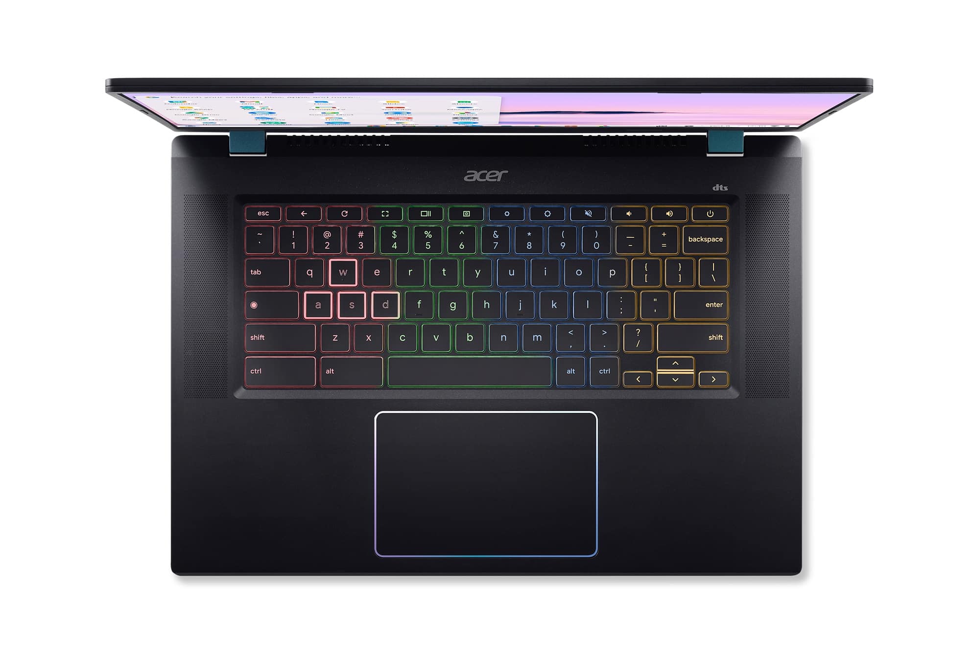 The text on the image is a keyboard layout for an Acer laptop. The keys are labeled with their corresponding functions, such as the letters, numbers, and symbols. The layout includes the standard QWERTY layout, along with additional keys like the function keys (F1-F12), arrow keys, and special keys like the Windows key, Ctrl, Alt, and Shift. The layout also includes a numeric keypad for easier input of numbers.