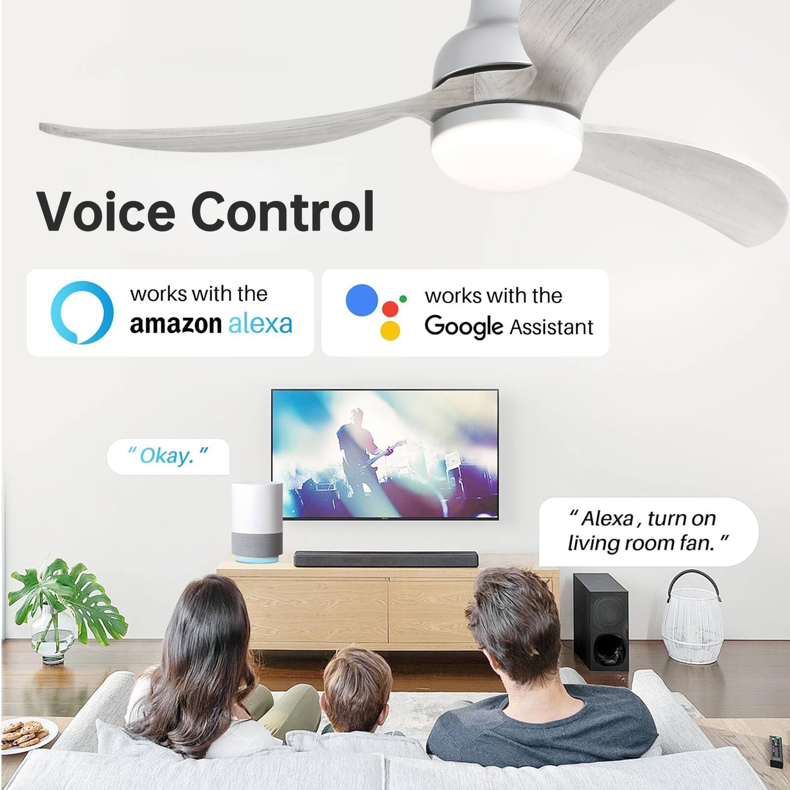 Voice Control

- works with the amazon alexa
- works with the Google Assistant

"Okay."

"Alexa, turn on living room fan."