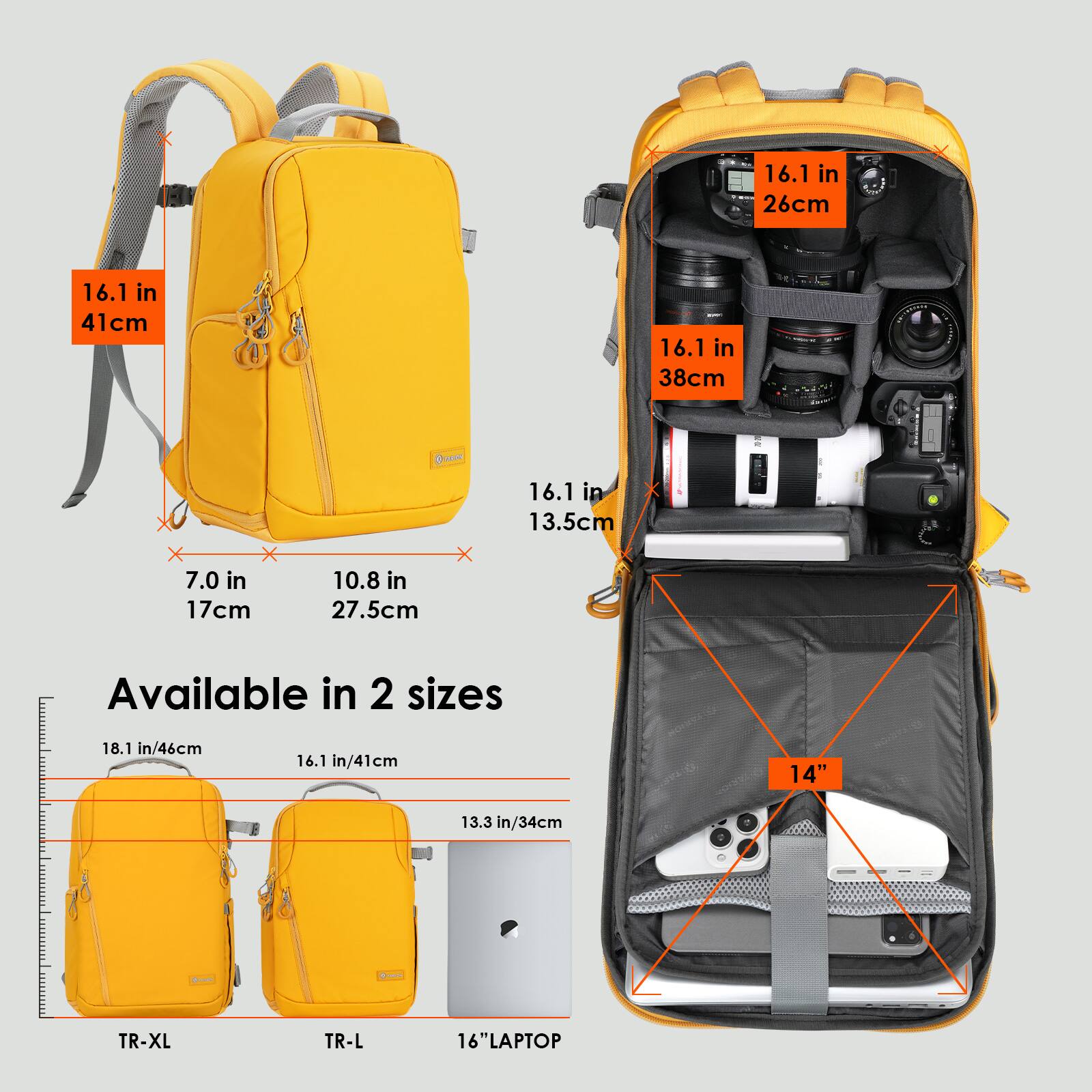 - 16.1 in / 41cm
- 16.1 in / 26cm
- 16.1 in / 38cm
- 16.1 in / 13.5cm
- 7.0 in / 17cm
- 10.8 in / 27.5cm
- Available in 2 sizes
  - 18.1 in / 46cm
  - 16.1 in / 41cm
  - 13.3 in / 34cm
- TR-XL
- TR-L
- 16" LAPTOP
- 14"