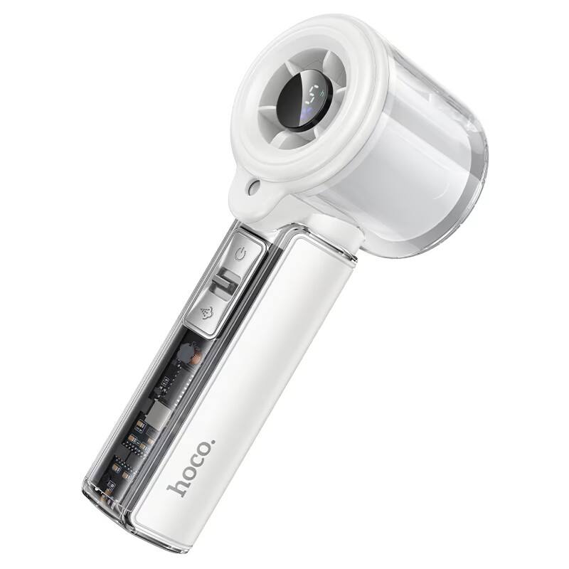 Left. hoco. - HX613 Handheld Portable Fan with Cooling Mist, 100‑Level Airflow, LED Display - White.