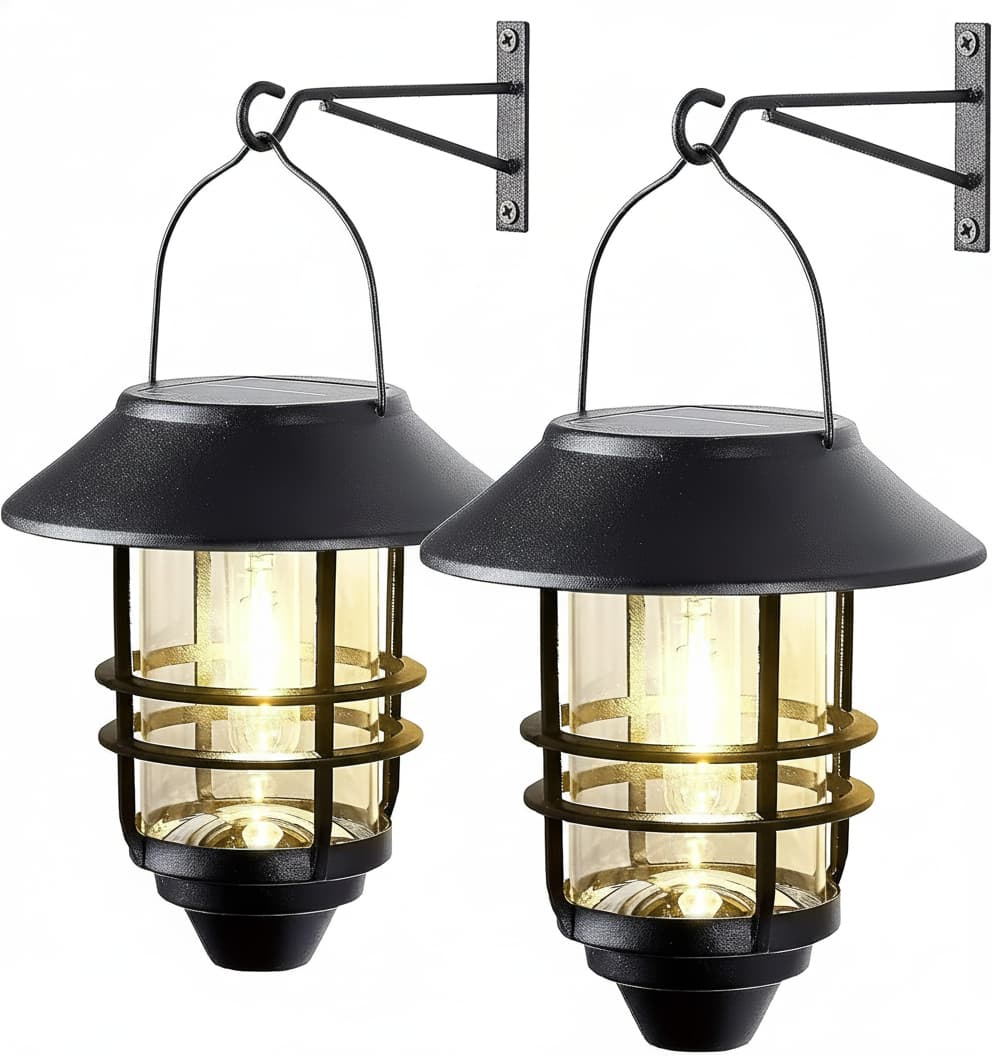 Front. FINEAK - 11" 2 Pack Solar Hanging Lanterns - Glass Metal Waterproof with Wall Mount Kit - Black.