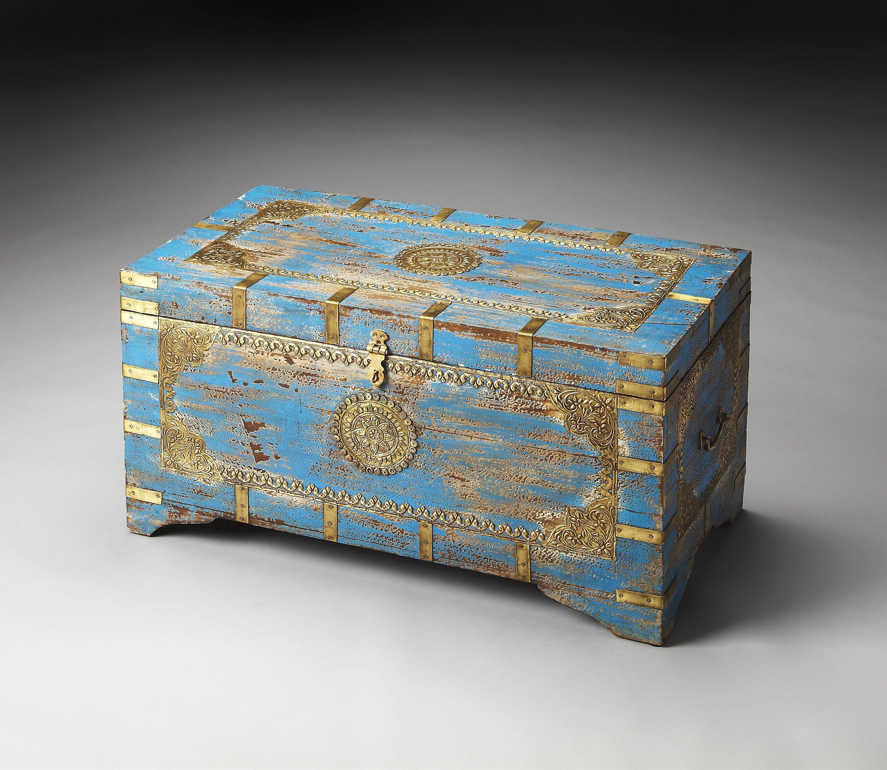 Front. Butler Specialty - Neela 31.5 in. W Rectangular Painted Brass Inlay Storage Trunk - Blue.