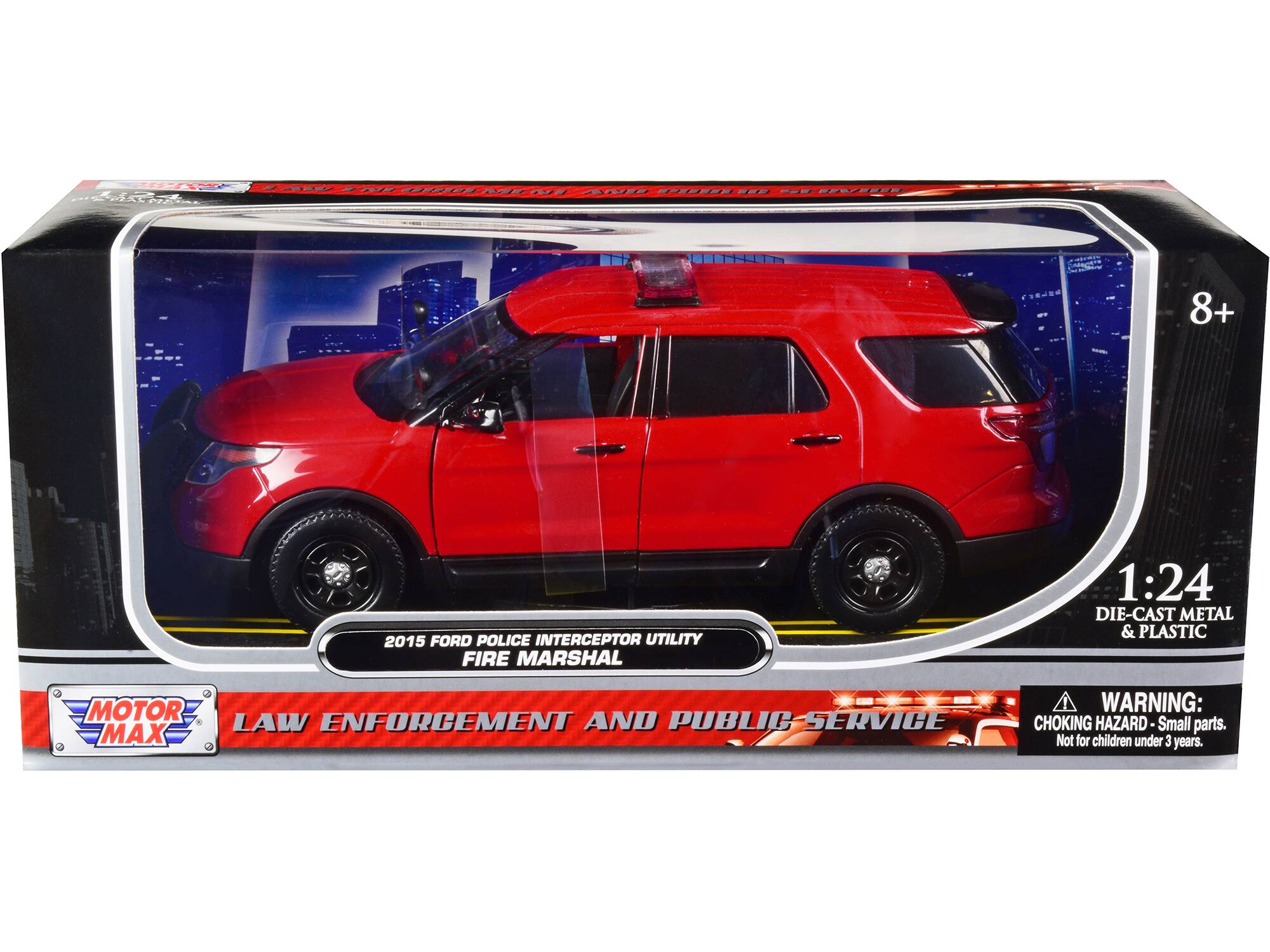 T4 PP ASENS A S  
8+  
2015 FORD POLICE INTERCEPTOR UTILITY FIRE MARSHAL  
1:24 DIE-CAST METAL & PLASTIC  
MOTOR MAX  
LAW ENFORCEMENT AND PUBLIC SERVICE  
WARNING: CHOKING HAZARD - Small parts. Not for children under 3 years.