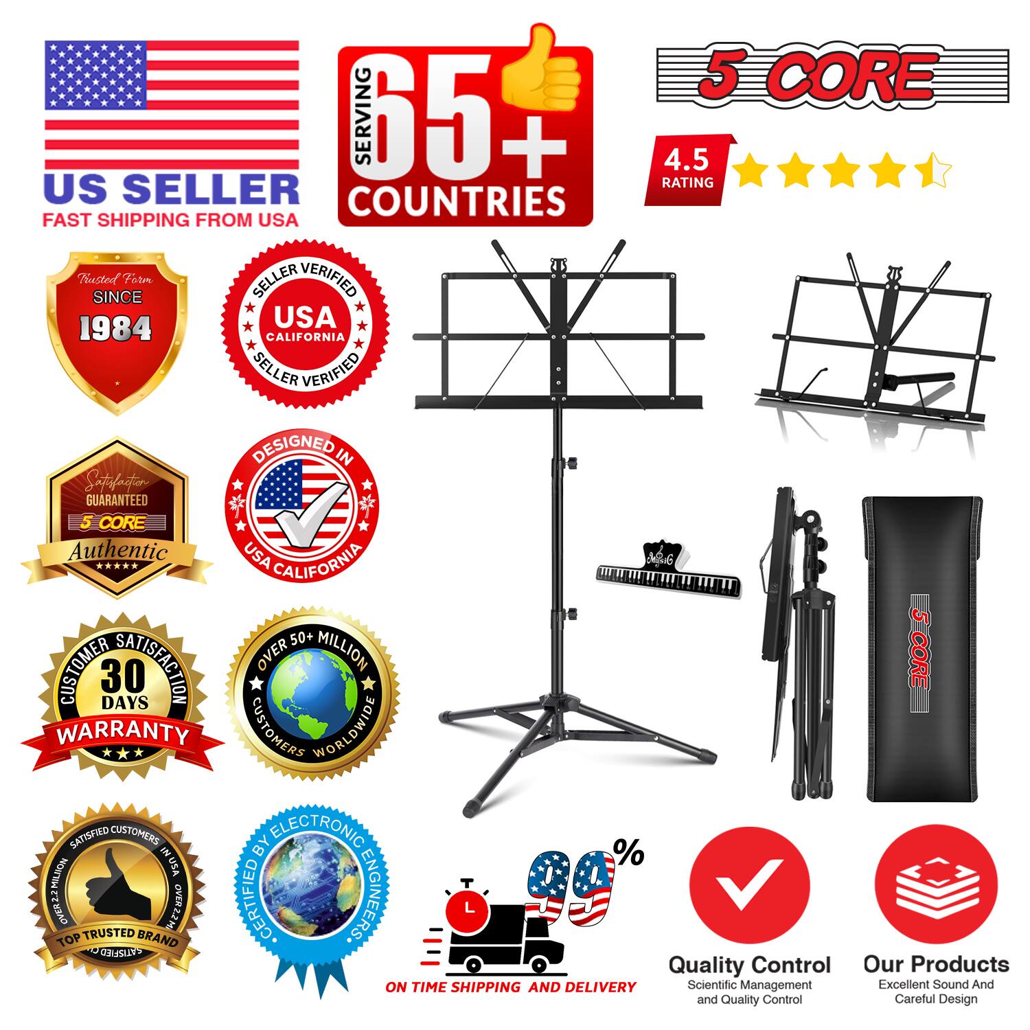 Sure, here is the corrected and grouped text from the image:

---

**US SELLER**  
FAST SHIPPING FROM USA

**65+ COUNTRIES**  
SERVING

**4.5 RATING**

**Trusted Since 1984**

**SELLER VERIFIED**  
USA CALIFORNIA

**DESIGNED IN**  
USA CALIFORNIA

**5 CORE**  
Authentic

**30 DAYS WARRANTY**

**OVER 50+ MILLION**  
CUSTOMERS WORLDWIDE

**SATISFIED CUSTOMERS**  
BY ELECTRONIC ENGINEERS

**TOP TRUSTED BRAND**

**ON TIME SHIPPING AND DELIVERY**

**Quality Control**  
Scientific Management and Quality Control

**Our Products**  
Excellent Sound And Careful Design

**5 CORE**

---

This text is organized to reflect the key points and badges from the image.