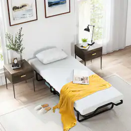 Gymax - Portable Foldable Guest Bed w/ Solid Wood Slats & Metal Frame Rollaway Bed Cot Size for Adults w/ Wheel - Black