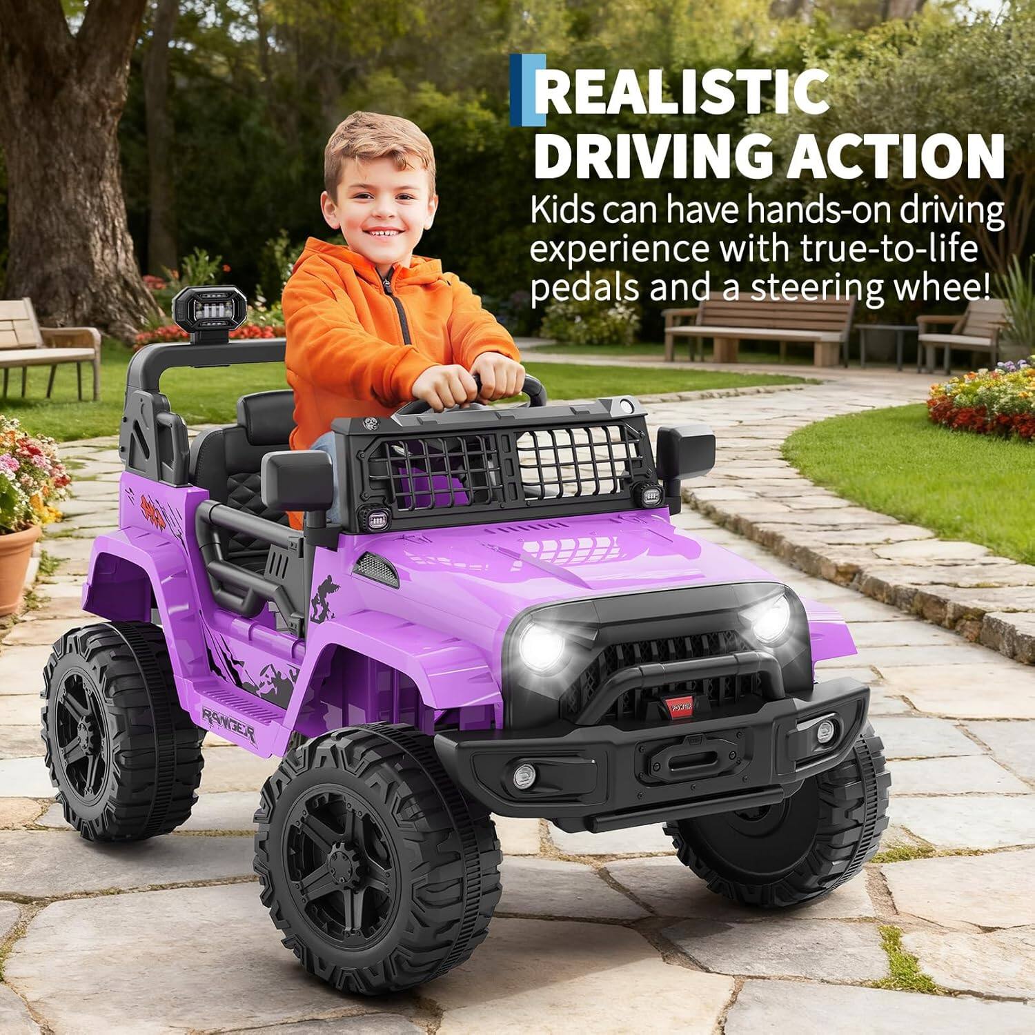 REALISTIC DRIVING ACTION  
Kids can have hands-on driving experience with true-to-life pedals and a steering wheel!