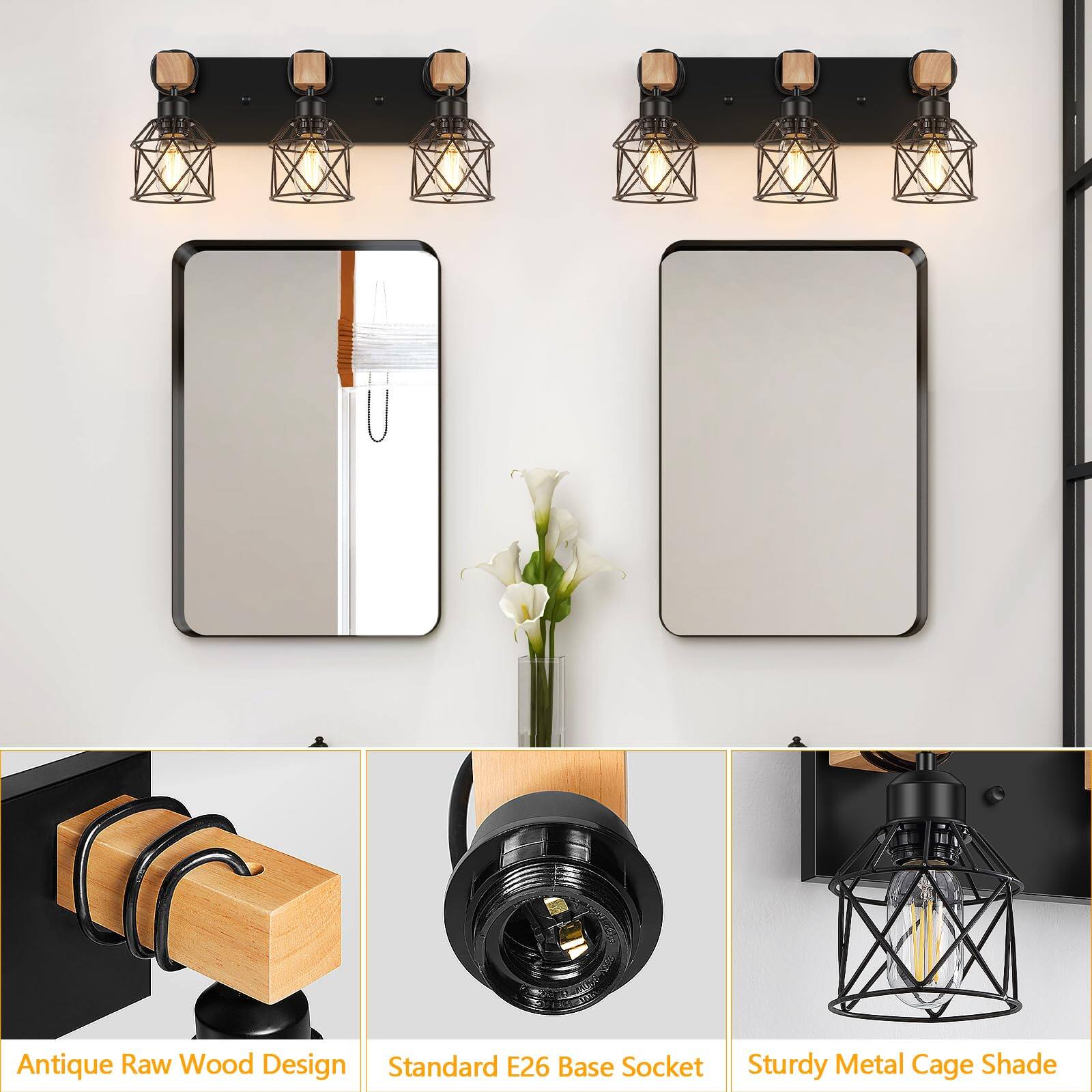 Antique Raw Wood Design  
Standard E26 Base Socket  
Sturdy Metal Cage Shade