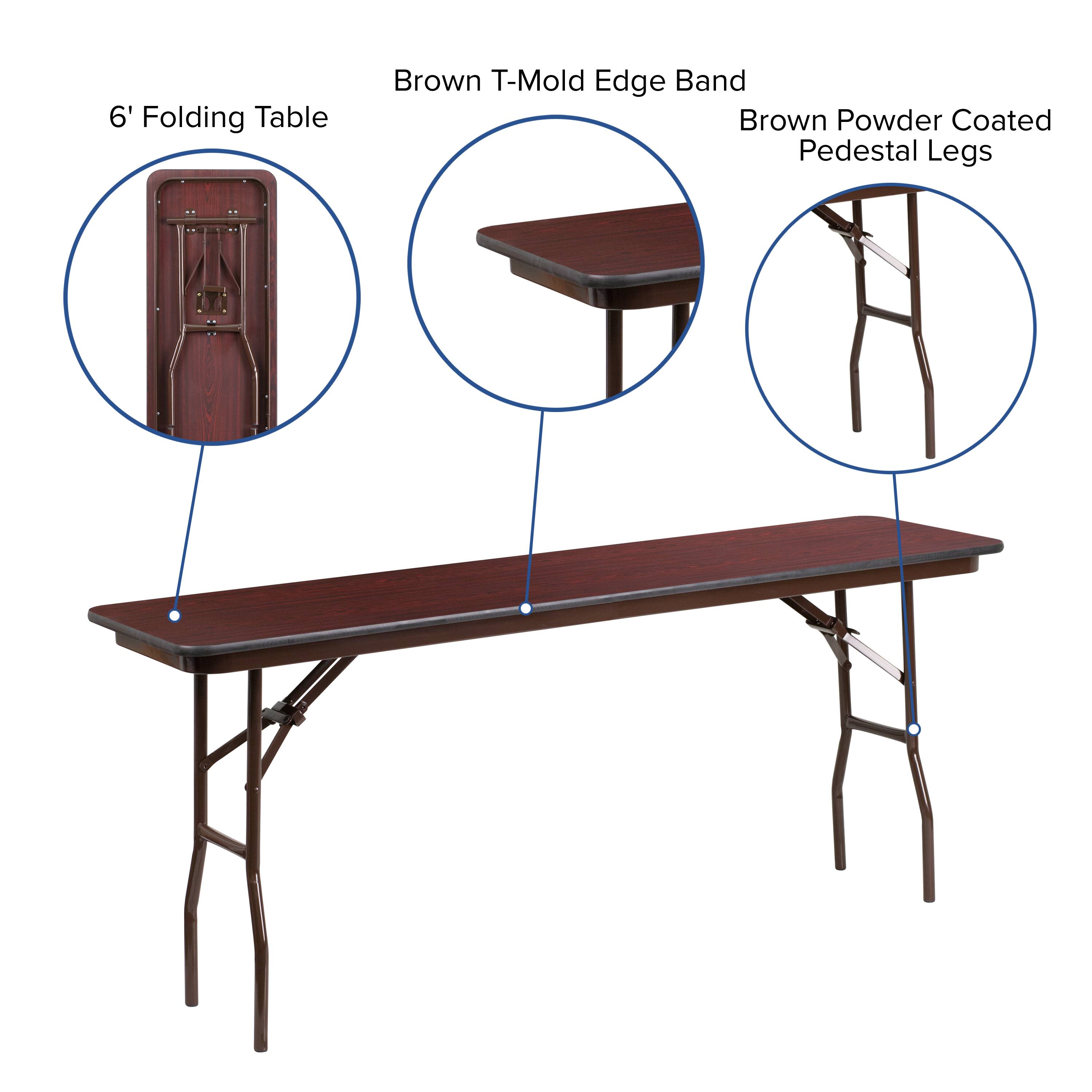 6' Folding Table  
Brown T-Mold Edge Band  
Brown Powder Coated Pedestal Legs