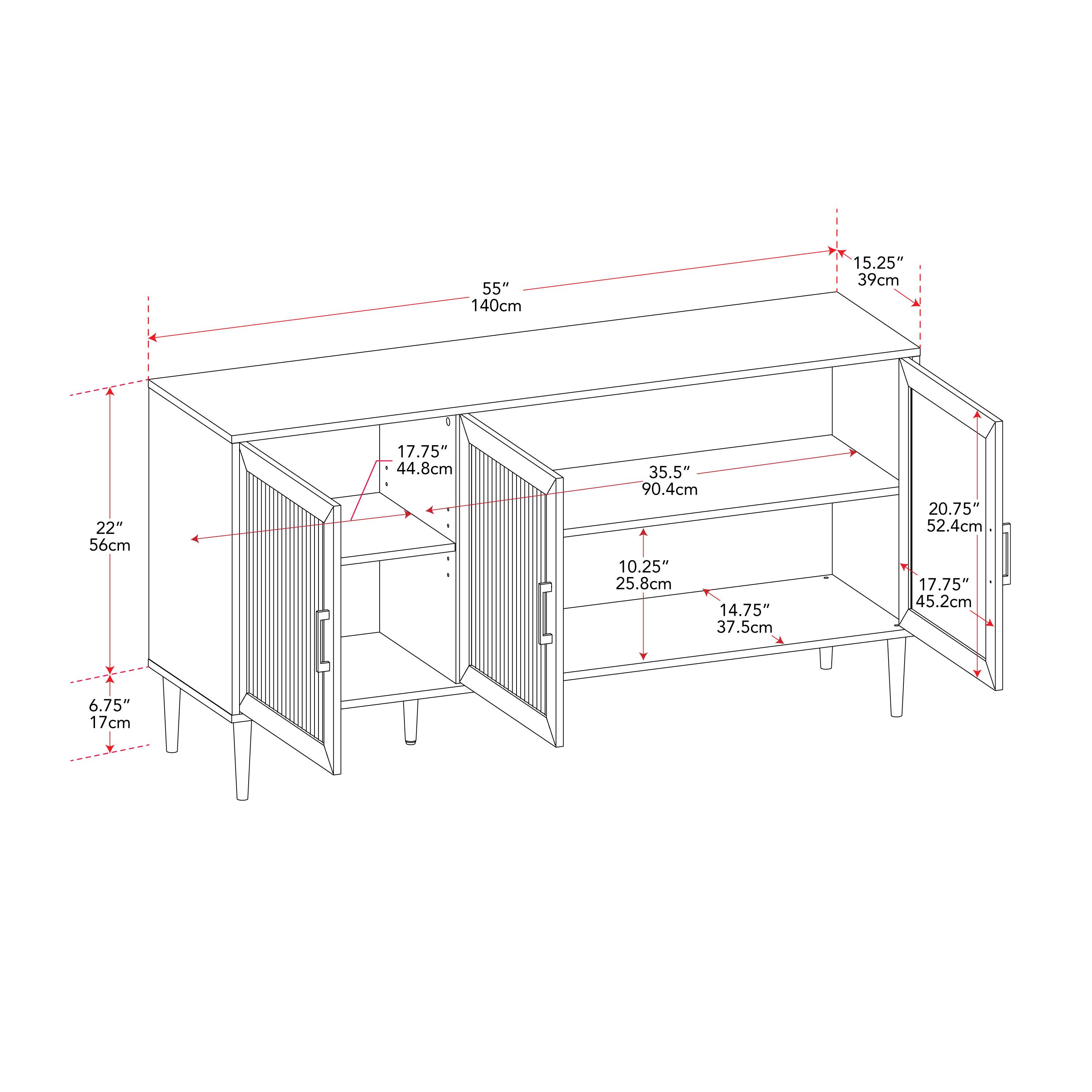55" 140cm, 15.25" 39cm, 22" 56cm, 17.75" 44.8cm, 35.5" 90.4cm, 10.25" 25.8cm, 14.75" 37.5cm, 20.75" 52.4cm, 17.75" 45.2cm, 6.75" 17cm