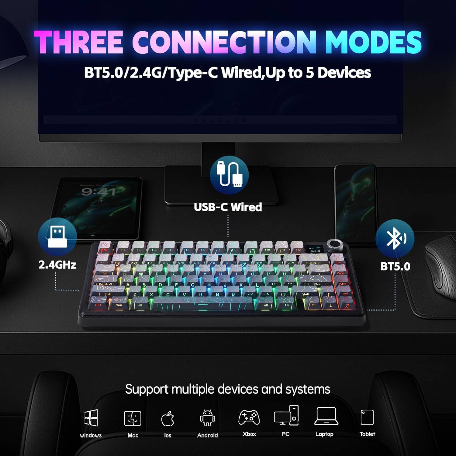 THREE CONNECTION MODES  
BT5.0/2.4G/Type-C Wired, Up to 5 Devices  

USB-C Wired  
2.4GHz  
BT5.0  

Support multiple devices and systems  
windows  
Mac  
iOS  
Android  
Xbox  
PC  
Laptop  
Tablet