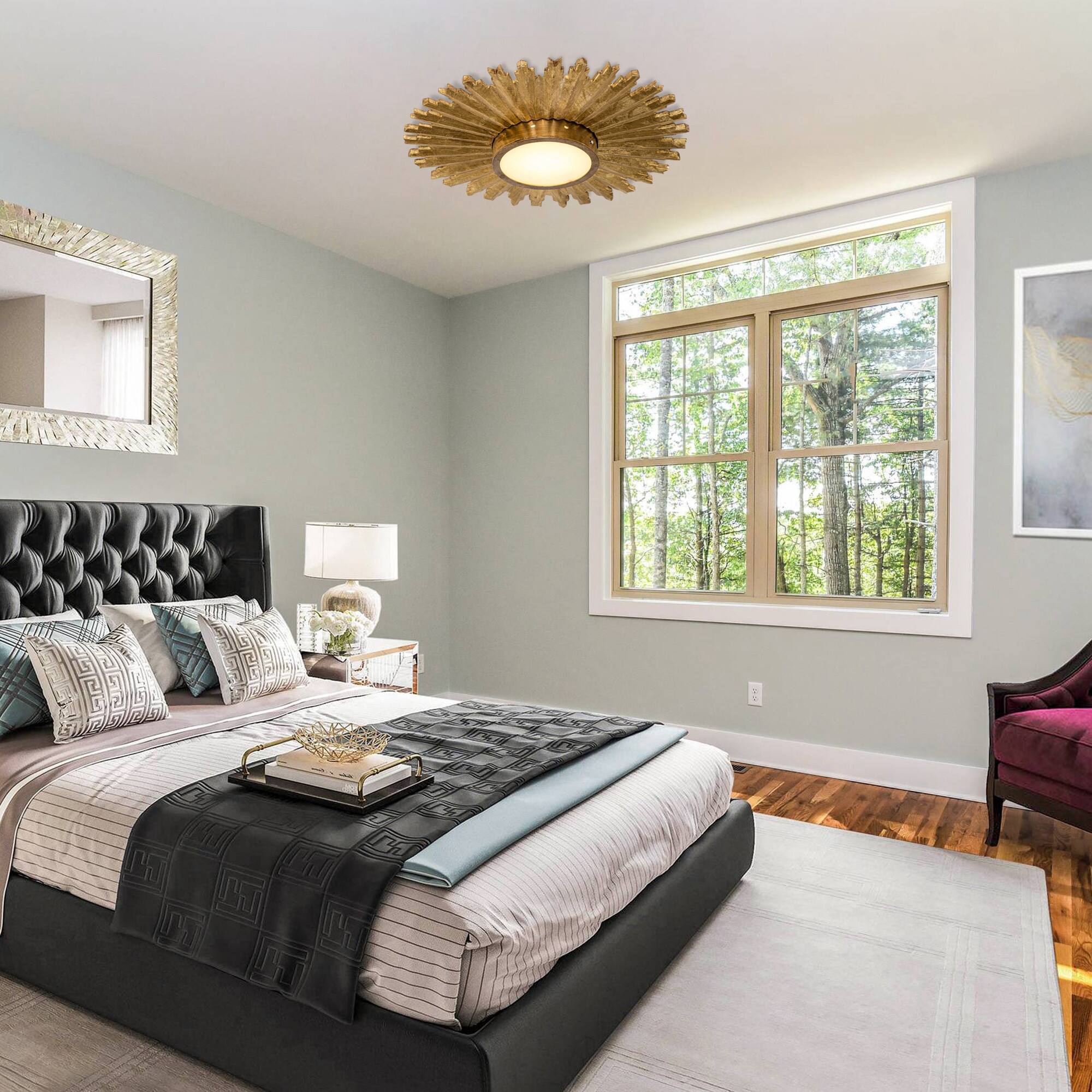 Left. Parrot Uncle - Golden Sunburst Flush Mount LED Lighting - Gold.