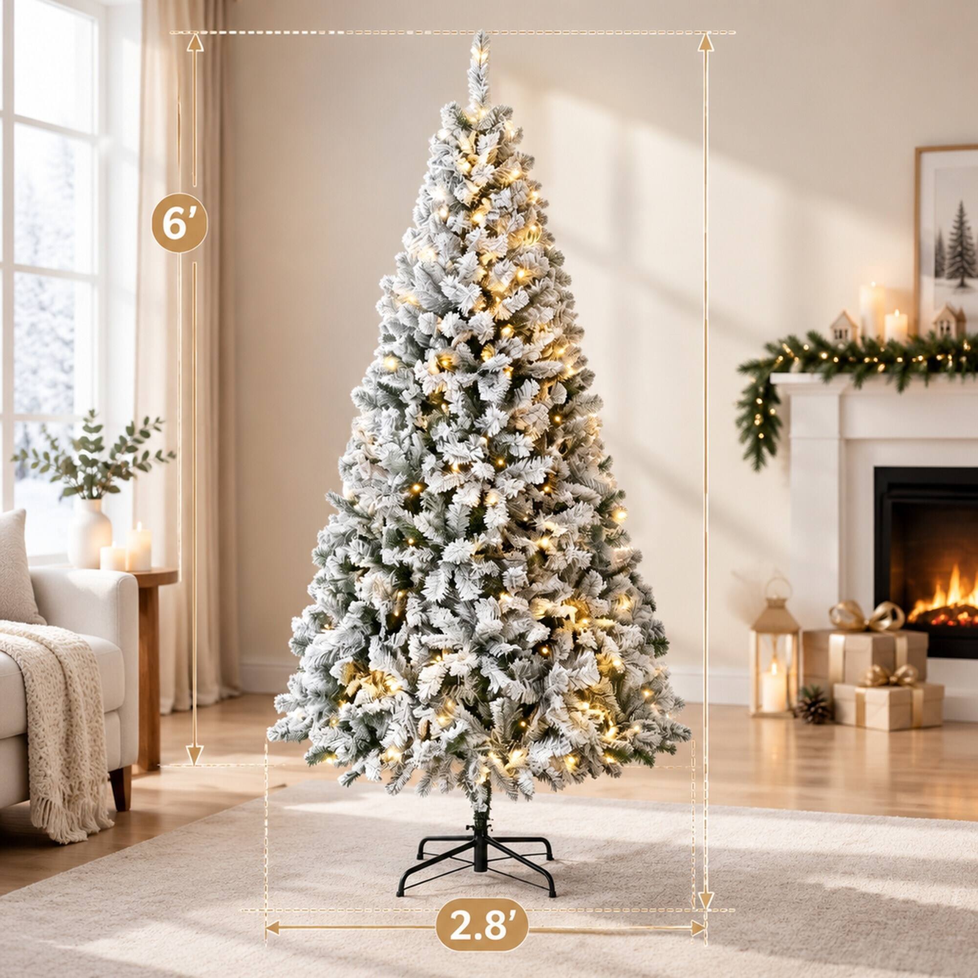 Alt View 3. RYHNUYNE - 6FT Pre-Lit Flocked Fraser Fir Christmas Tree With LED Lights and Hinged Branches, Foldable Metal Base - White.