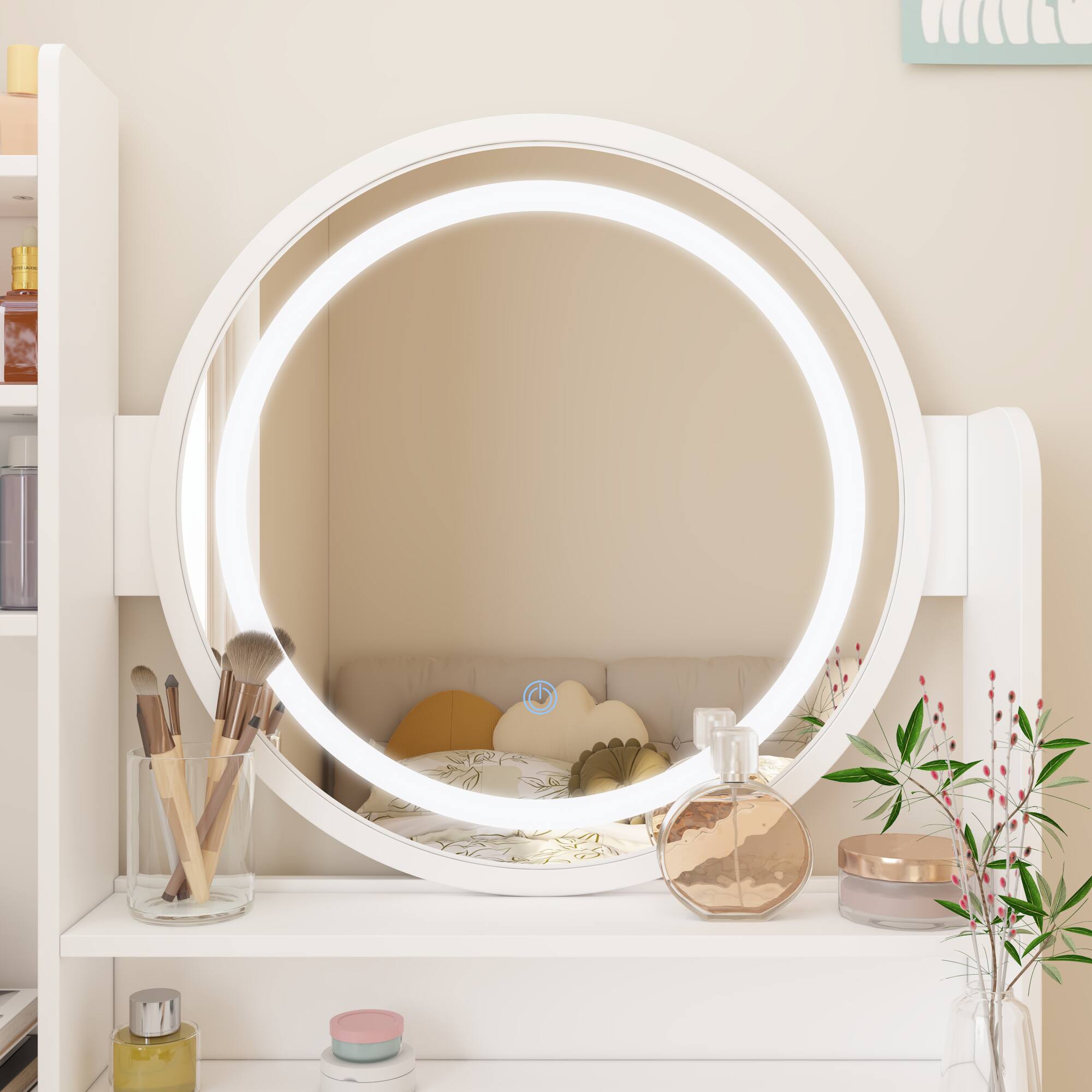 Alt View 10. Famapy - Vanity Desk with 3-Color LED Mirror & Upholstered Stool, Makeup Table with Drawers & Shelves for Bedroom - White.