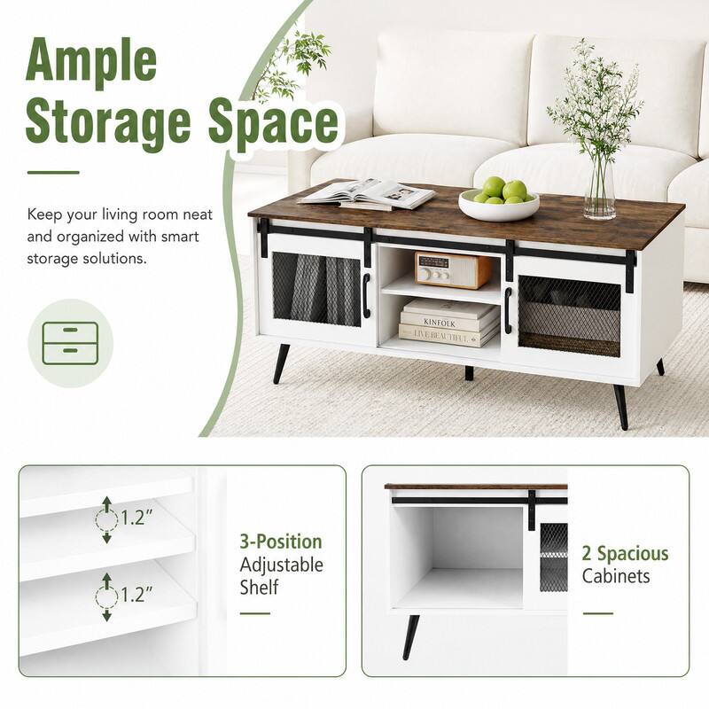 Ample Storage Space  
Keep your living room neat and organized with smart storage solutions.  
KINFOLK INEREAUTIFUL  
1.2" 1.2"  
3-Position Adjustable Shelf  
2 Spacious Cabinets