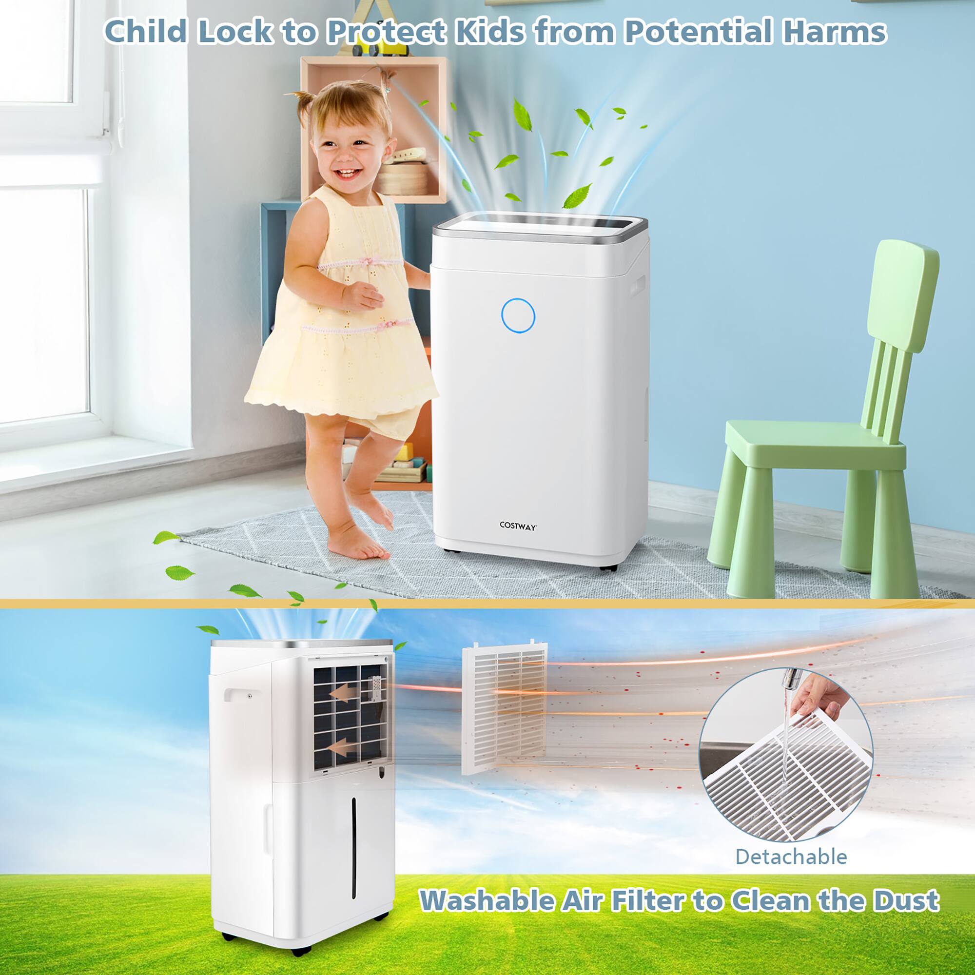 Child Lock to Protect Kids from Potential Harms COSTWAY Detachable Washable Air Filter to Clean the Dust