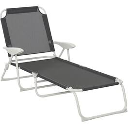 Outsunny - Folding Lounge Chair, Portable Outdoor Chaise Lounge, Sun Tanning Chair with 4-Position Reclining Back, Armrests - Dark Gray