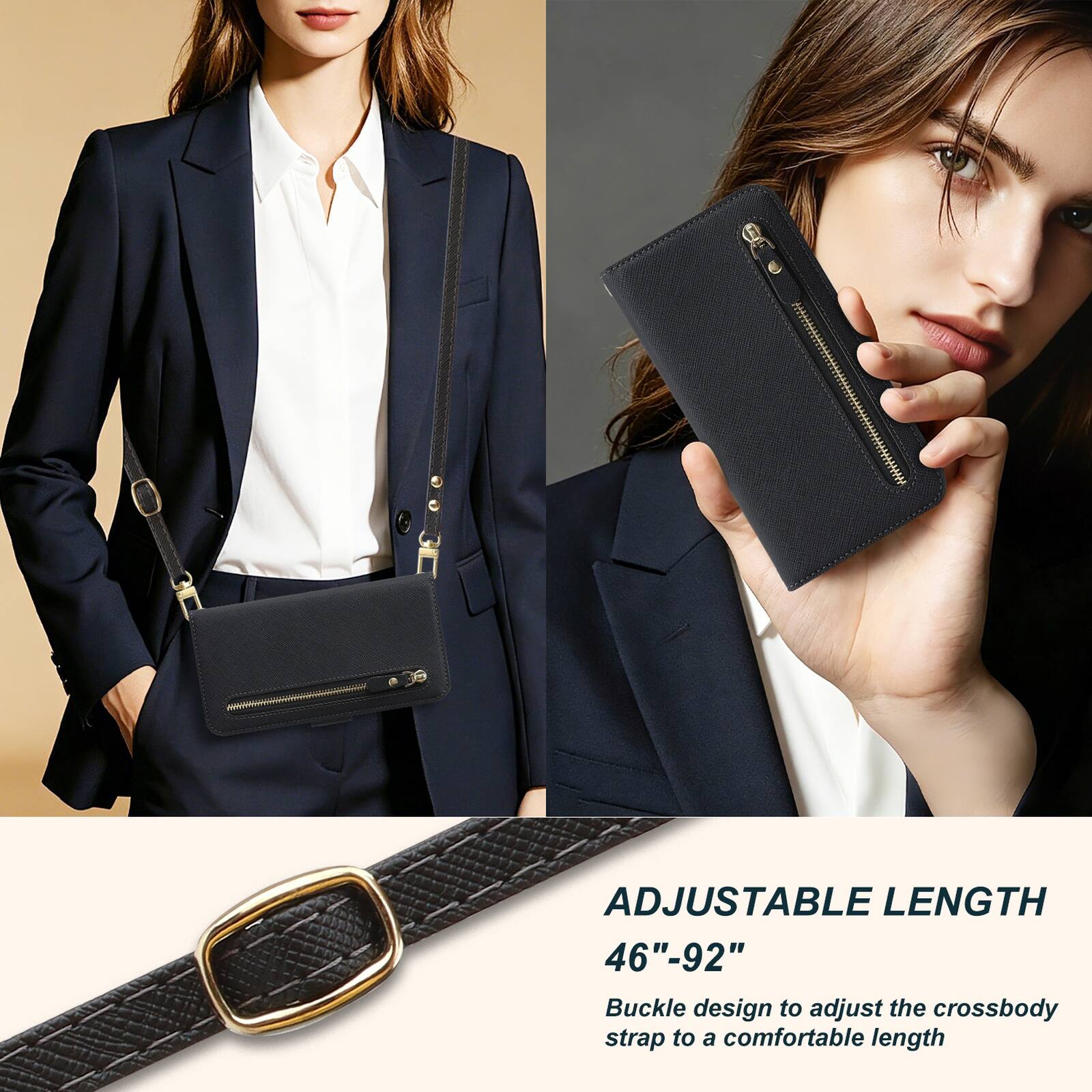 ADJUSTABLE LENGTH 46"-92"  
Buckle design to adjust the crossbody strap to a comfortable length