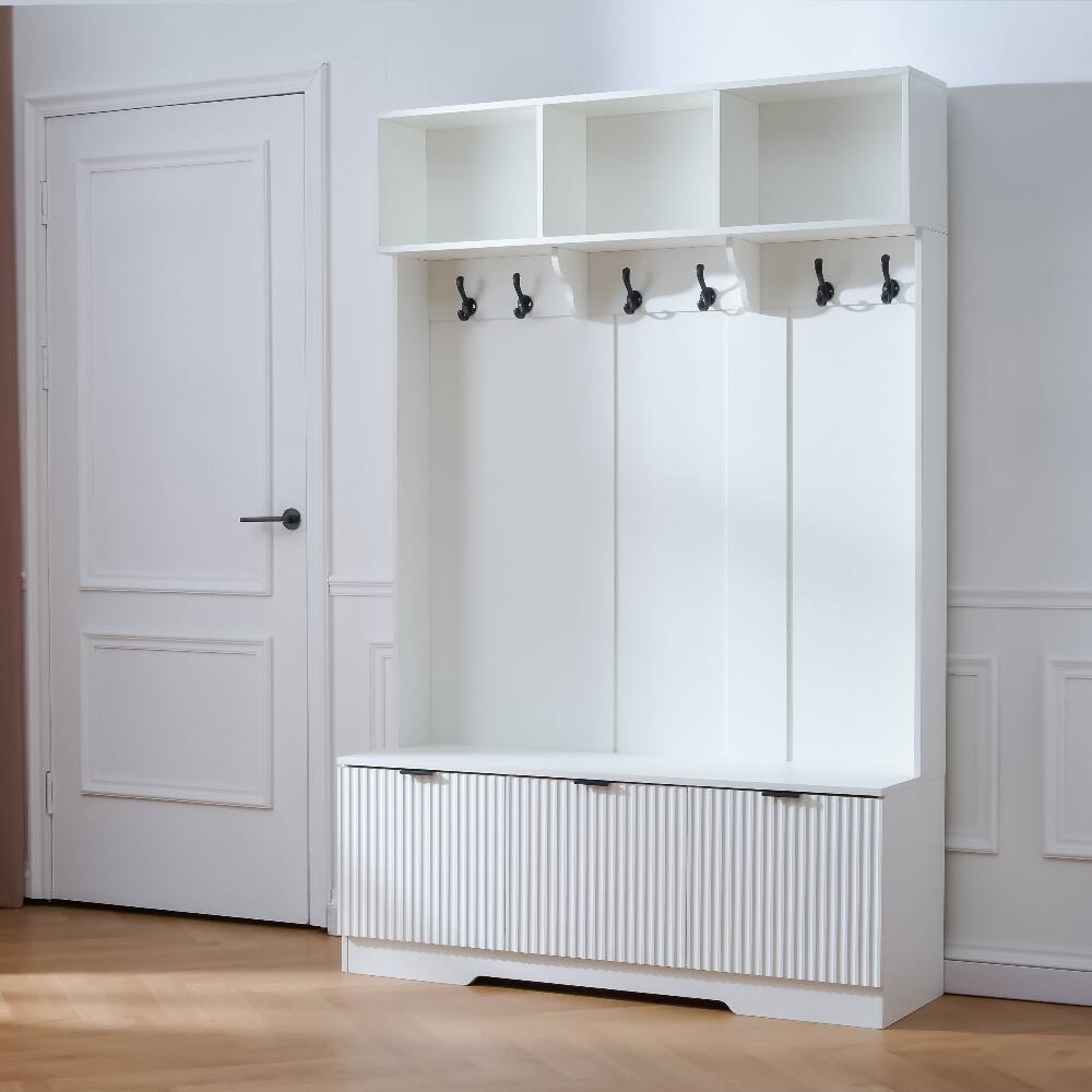 Back. Loheer - Loheer 5-in-1 hall tree with bench and white entryway shoe storage cabinet, 49.6 inch hallway organizer - White.