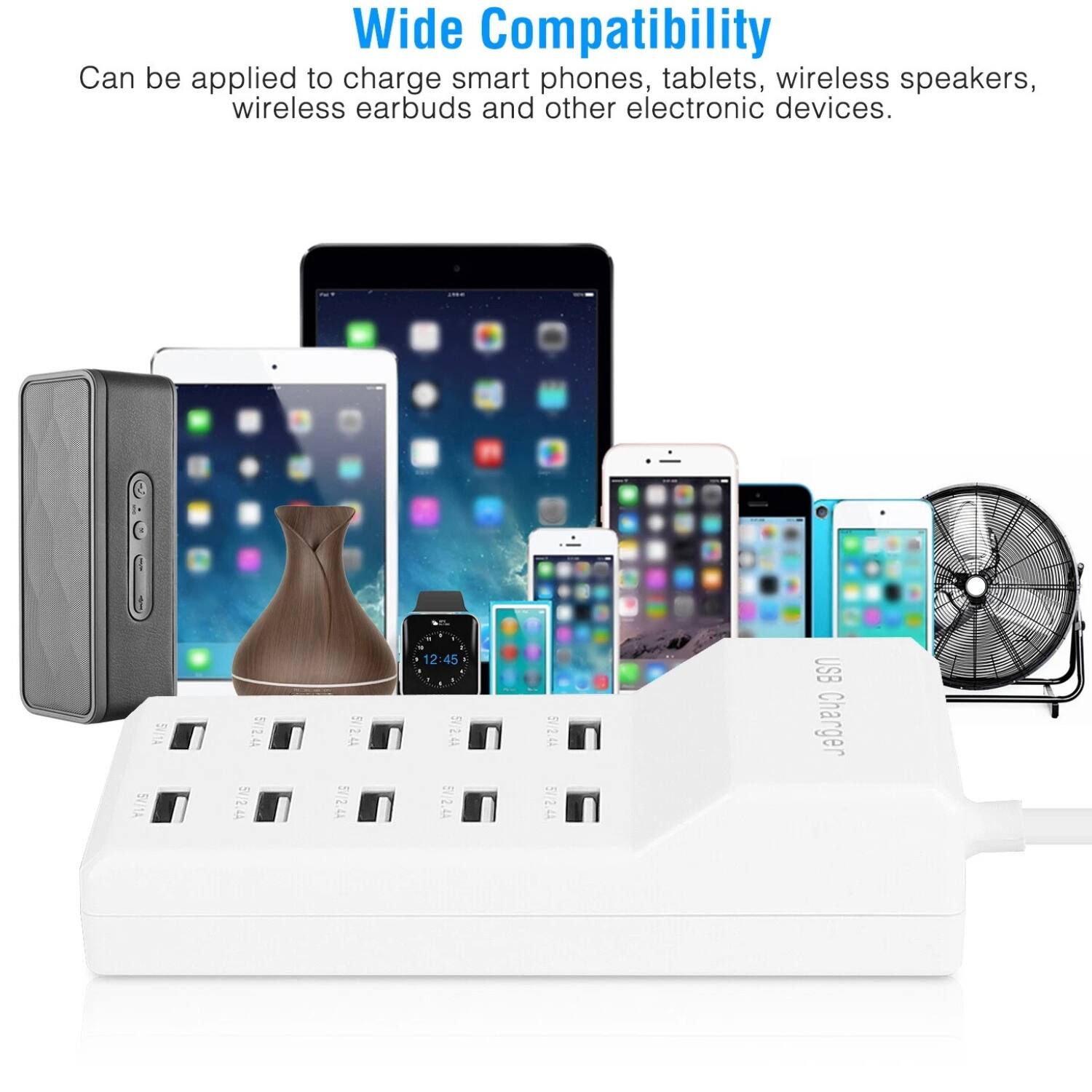 Wide Compatibility  
Can be applied to charge smart phones, tablets, wireless speakers, wireless earbuds and other electronic devices.