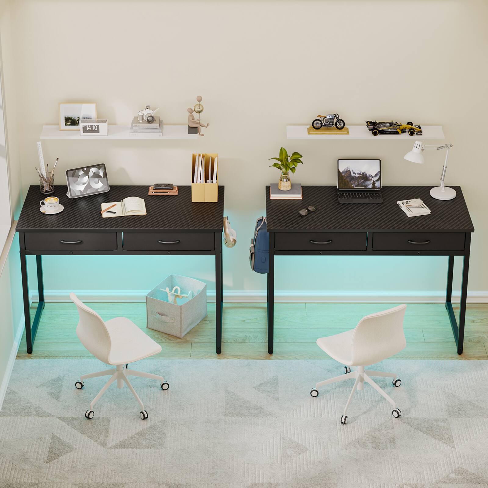 Back. Pinmoco - Pinmoco 32"/42" Small Computer Desk with RGB LED Lights & 2 Fabric Drawers, Modern Dorm Study Desk for Small Spaces - 42" Black.