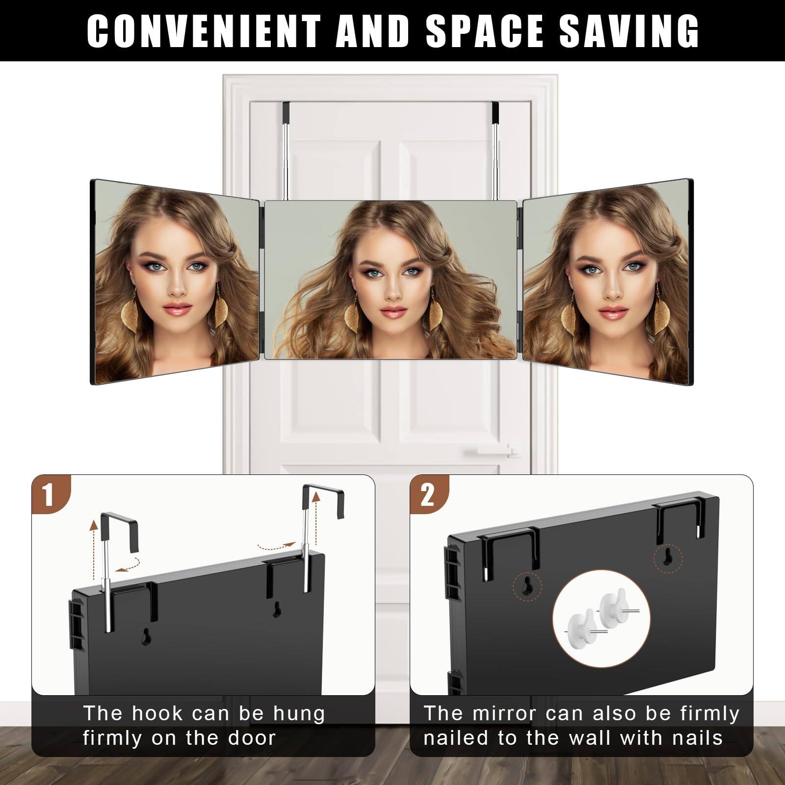 CONVENIENT AND SPACE SAVING

1. The hook can be hung firmly on the door

2. The mirror can also be firmly nailed to the wall with nails