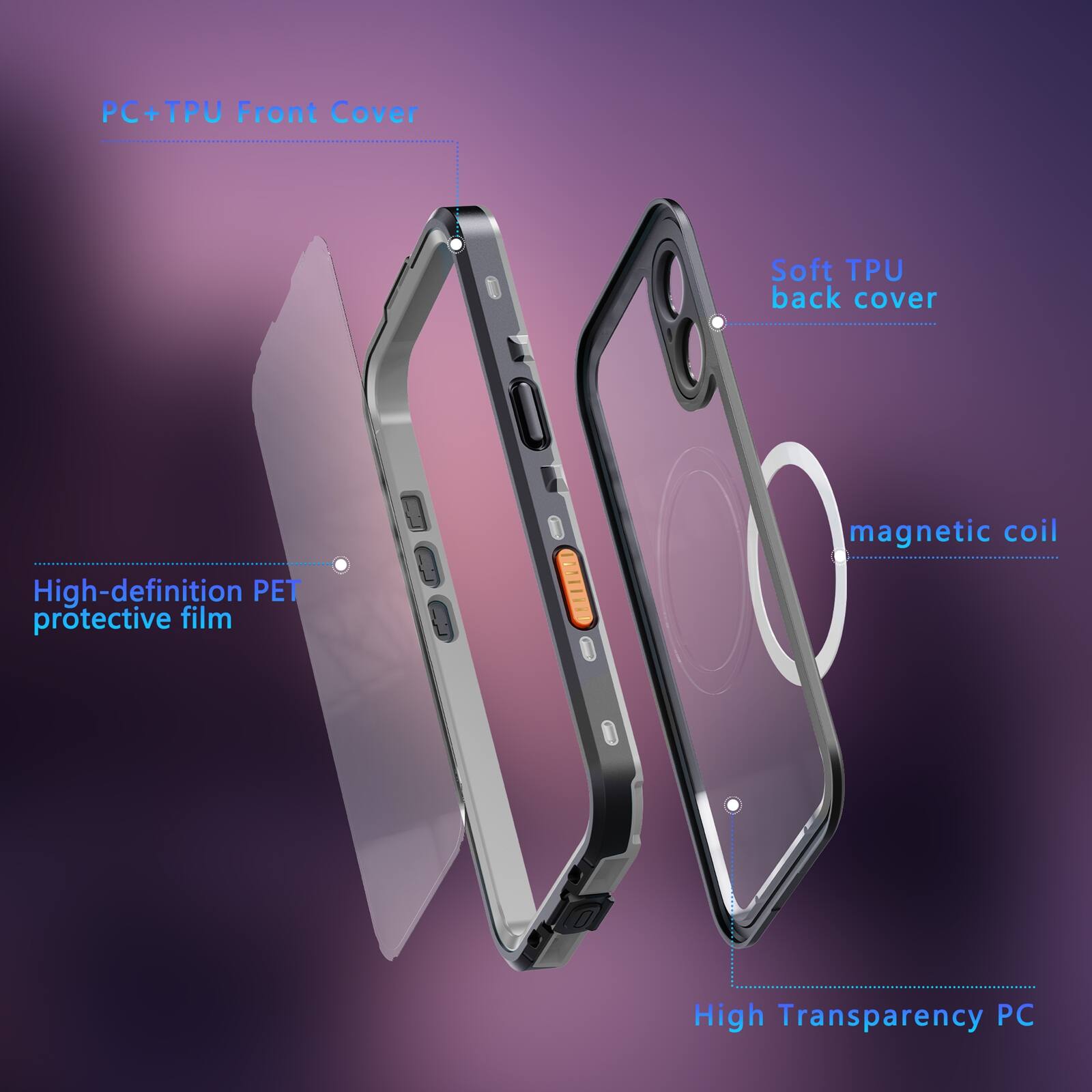 PC+TPU Front Cover  
Soft TPU back cover  
High-definition PET protective film  
magnetic coil  
High Transparency PC