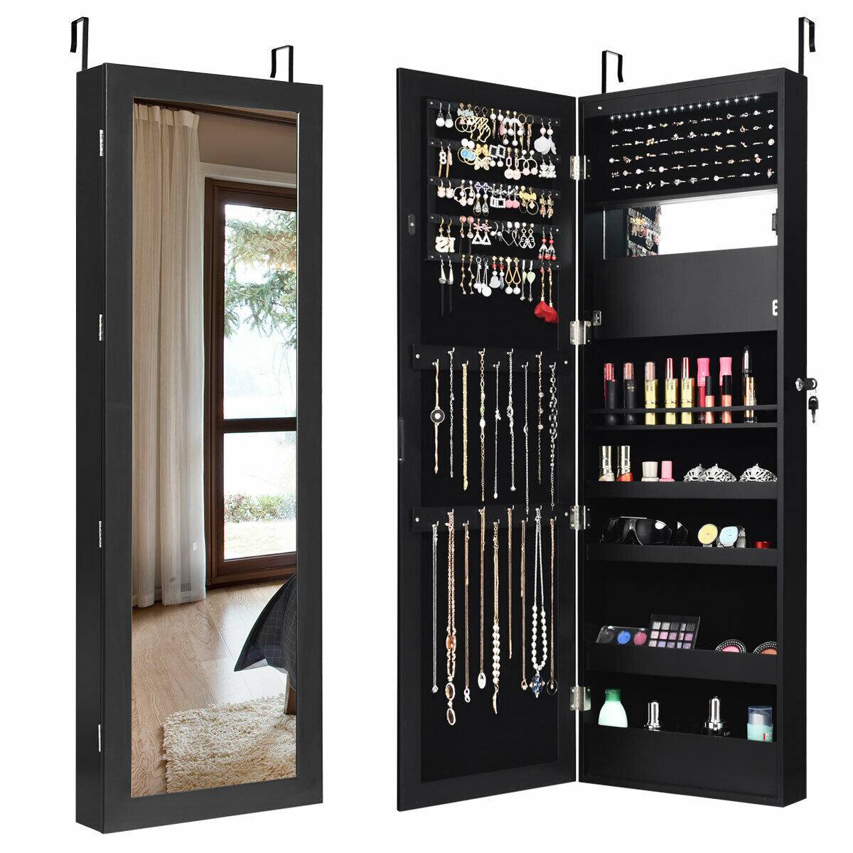 Alt View 1. Gymax - Gymax  Wall Door Mounted Lockable Jewelry Cabinet Armoire Organizer w/LED Black - Black.
