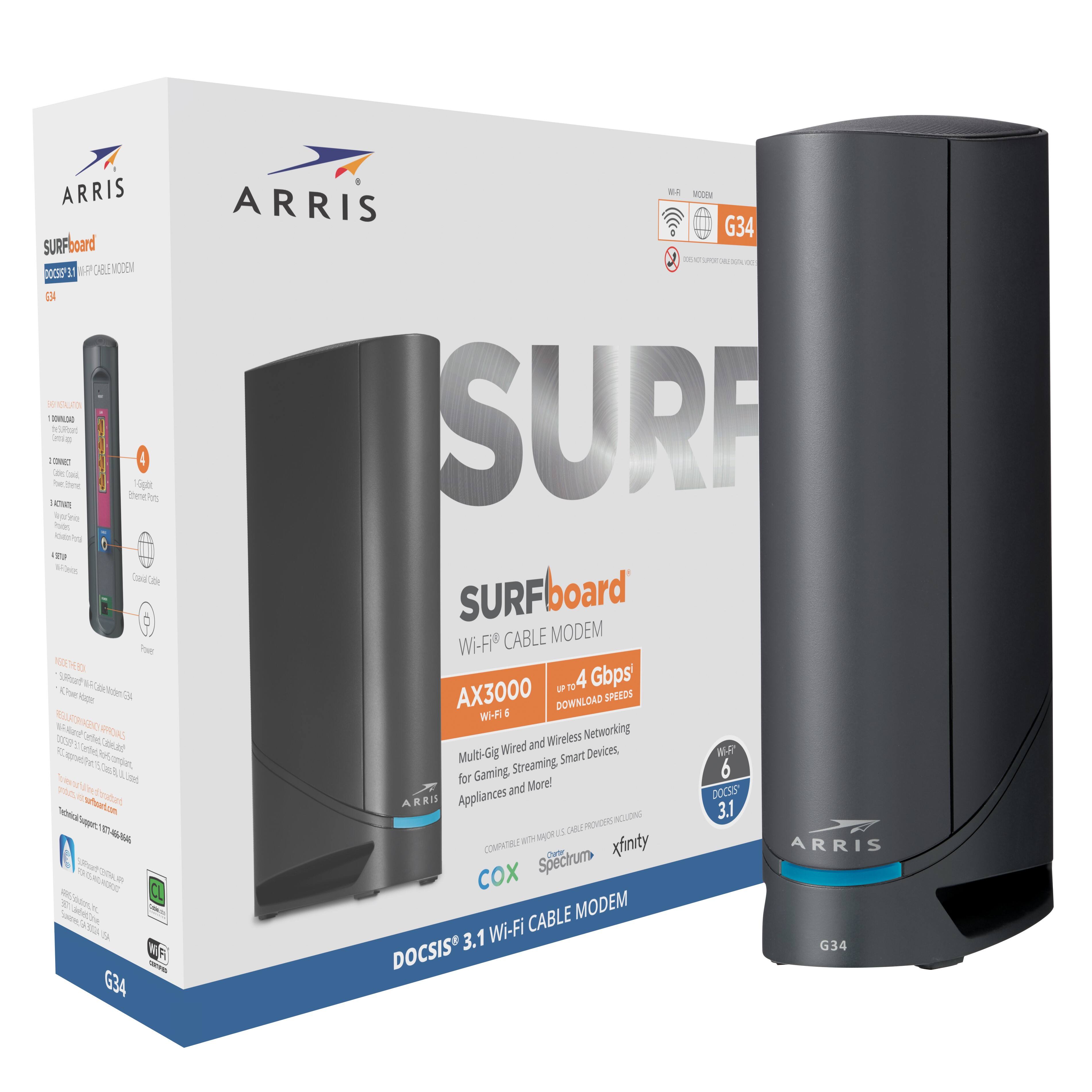 Left. ARRIS - SURFboard DOCSIS 3.1 Cable Modem & Wi-Fi 6 Router Combo - Black.