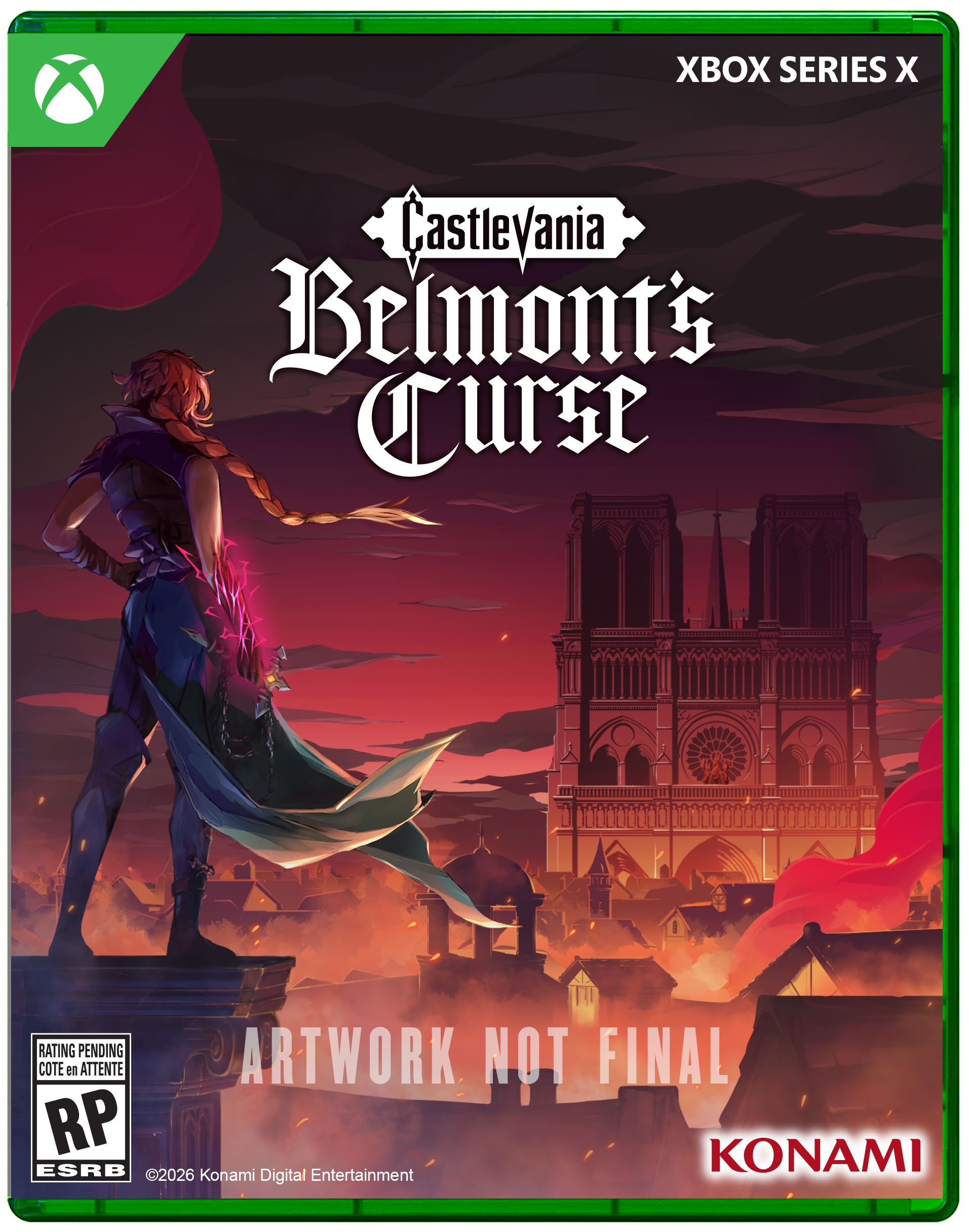 XBOX SERIES X  
Castlevania: Belmont's Curse  
RATING PENDING  
ARTWORK NOT FINAL  
COTE 21 ATTENTE  
RP  
ESRB  
©2026 Konami Digital Entertainment  
KONAMI