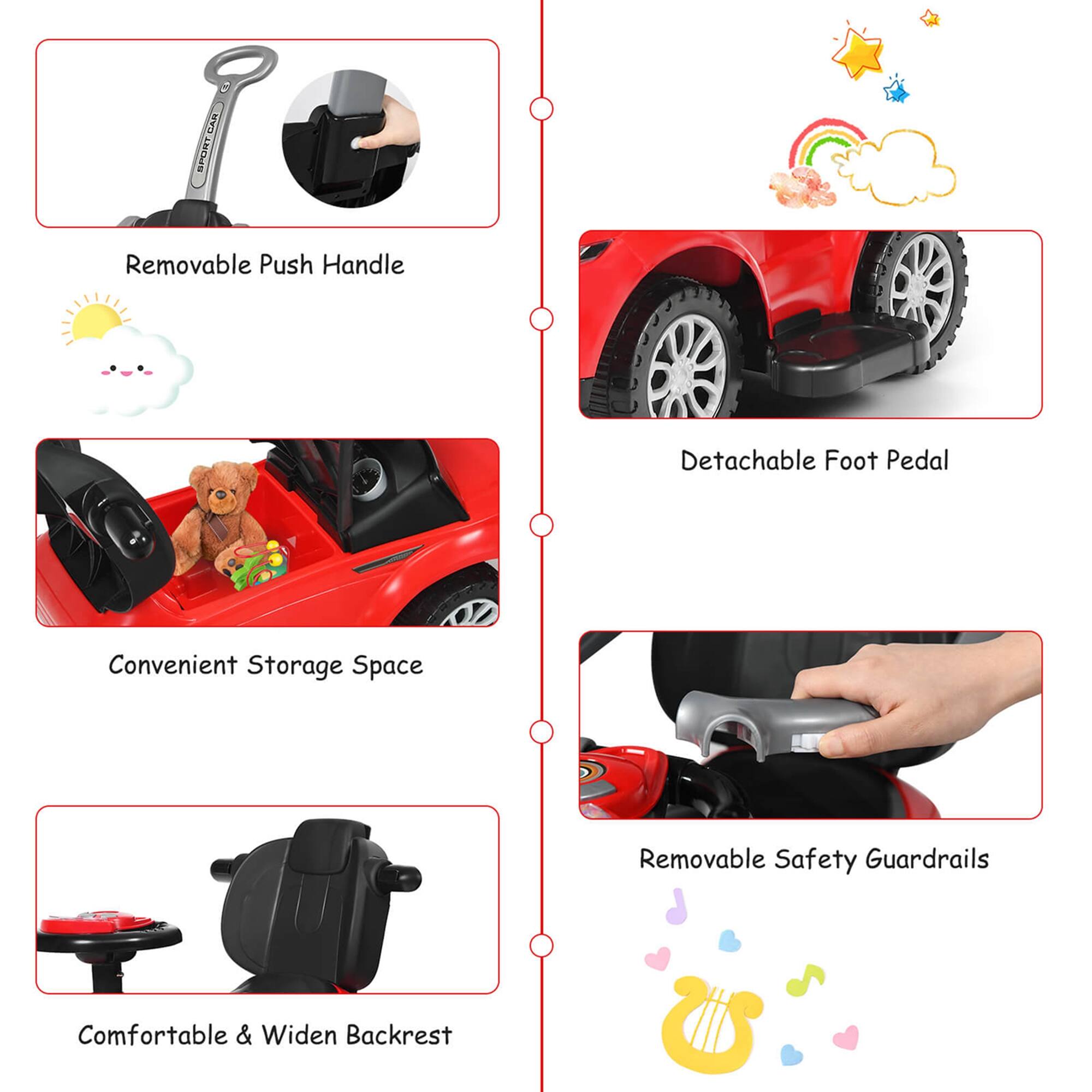 - Removable Push Handle
- Detachable Foot Pedal
- Convenient Storage Space
- Removable Safety Guardrails
- Comfortable & Widen Backrest