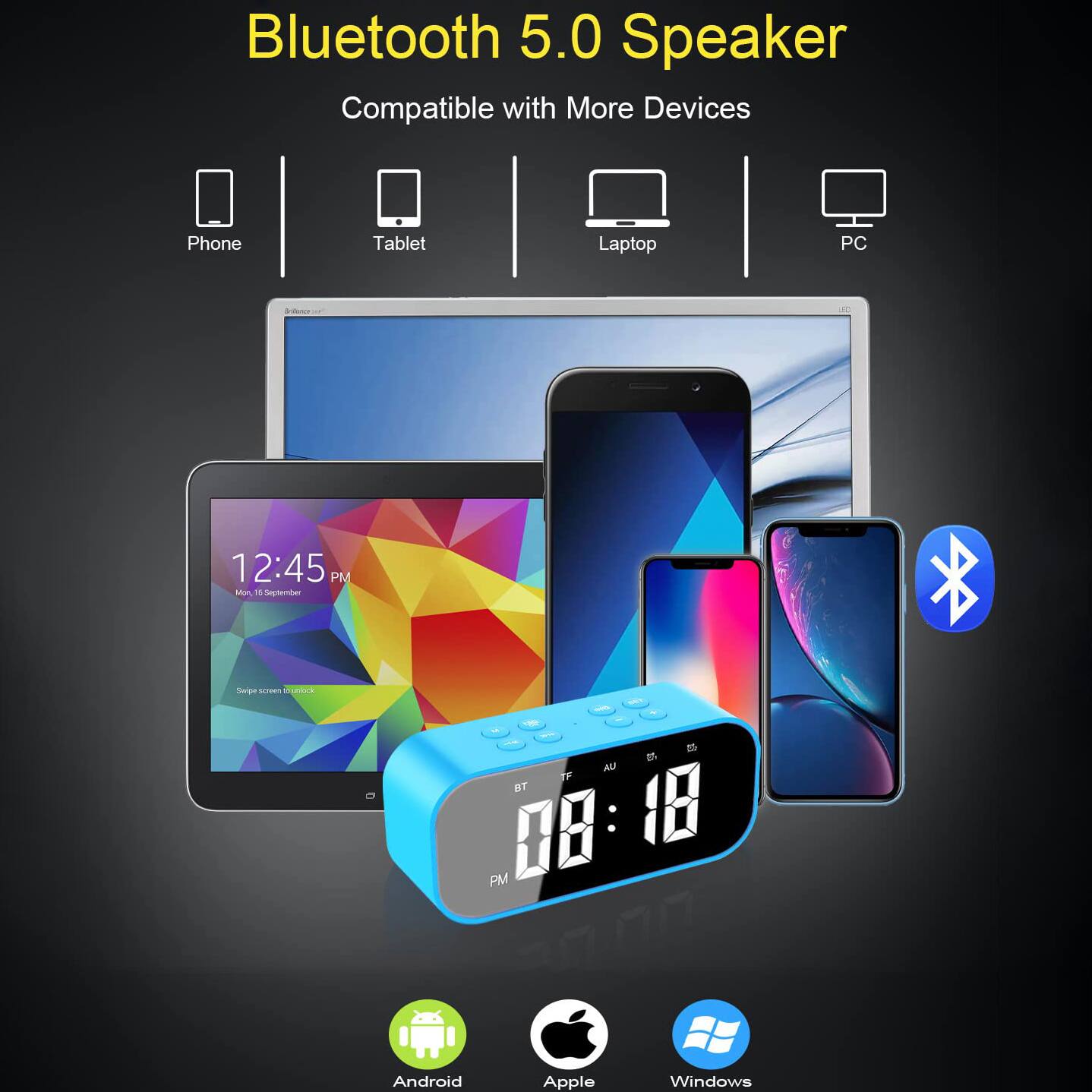 Bluetooth 5.0 Speaker  
Compatible with More Devices  
Phone Tablet Laptop PC  

12:45 PM  
Mon, 15 September  

Android Apple Windows
