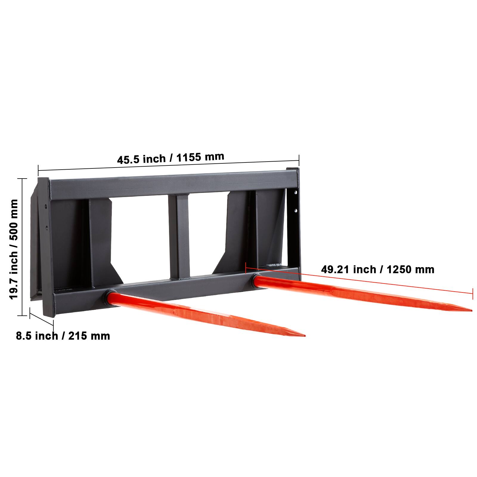 45.5 inch / 1155 mm  
19.7 inch / 500 mm  
49.21 inch / 1250 mm  
8.5 inch / 215 mm