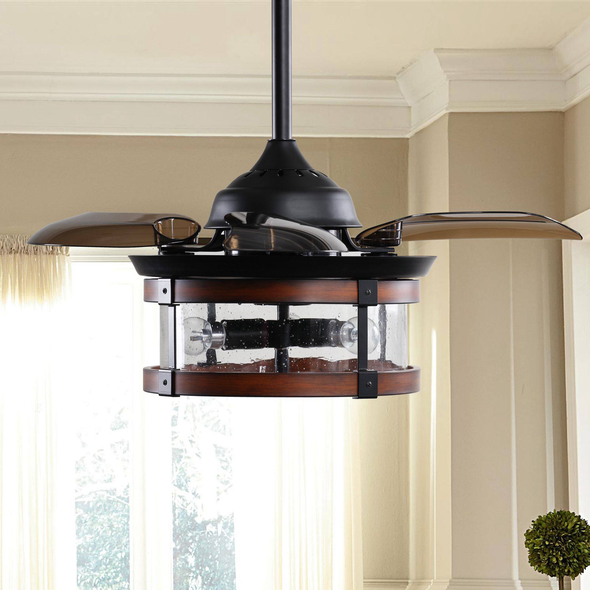 Alt View 2. Parrot Uncle - 36" Industrial Retractable 3-Blade Ceiling Fan Chandelier with Remote - Matte Black.