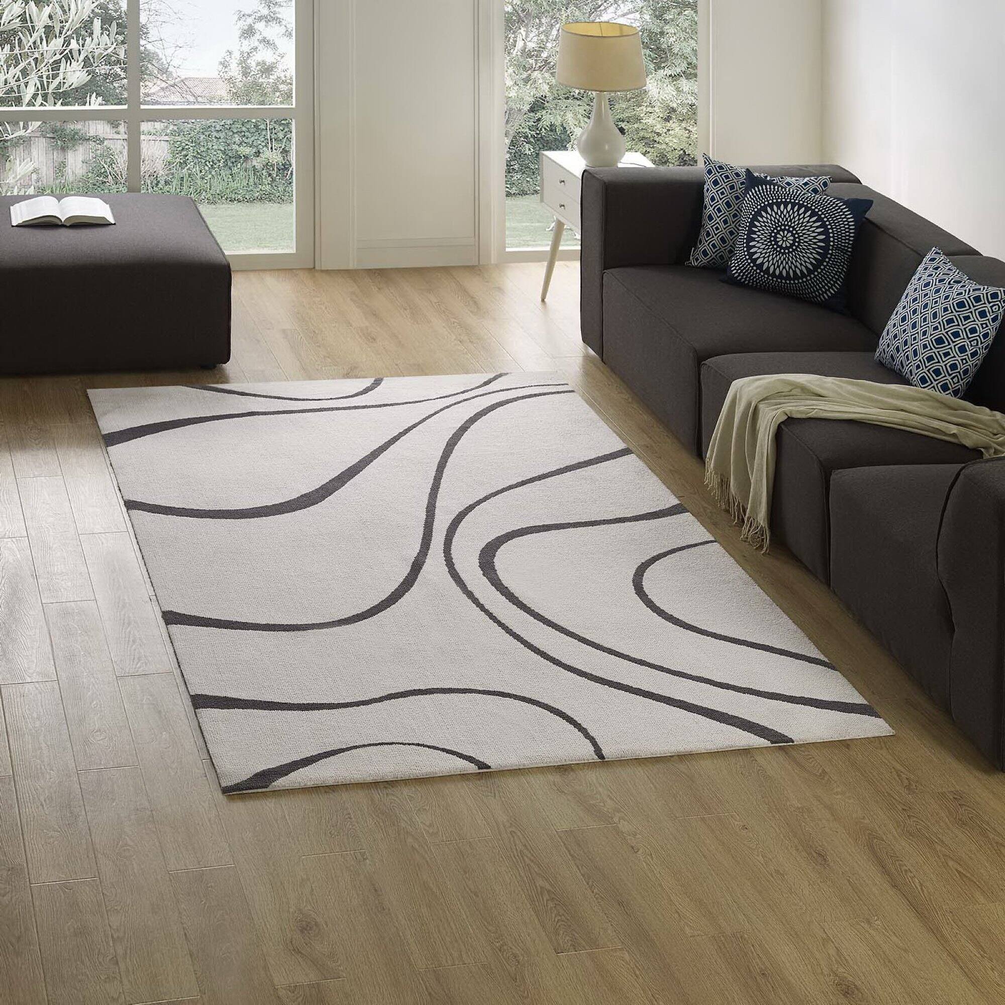 Front. Modway - Therese Abstract Swirl Area Rug - Ivory and Charcoal.