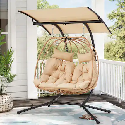 Front. U-HOMY - Trapezoid Rattan Hanging Swing Chair for 2 – Indoor/Outdoor Patio with Canopy - Beige.