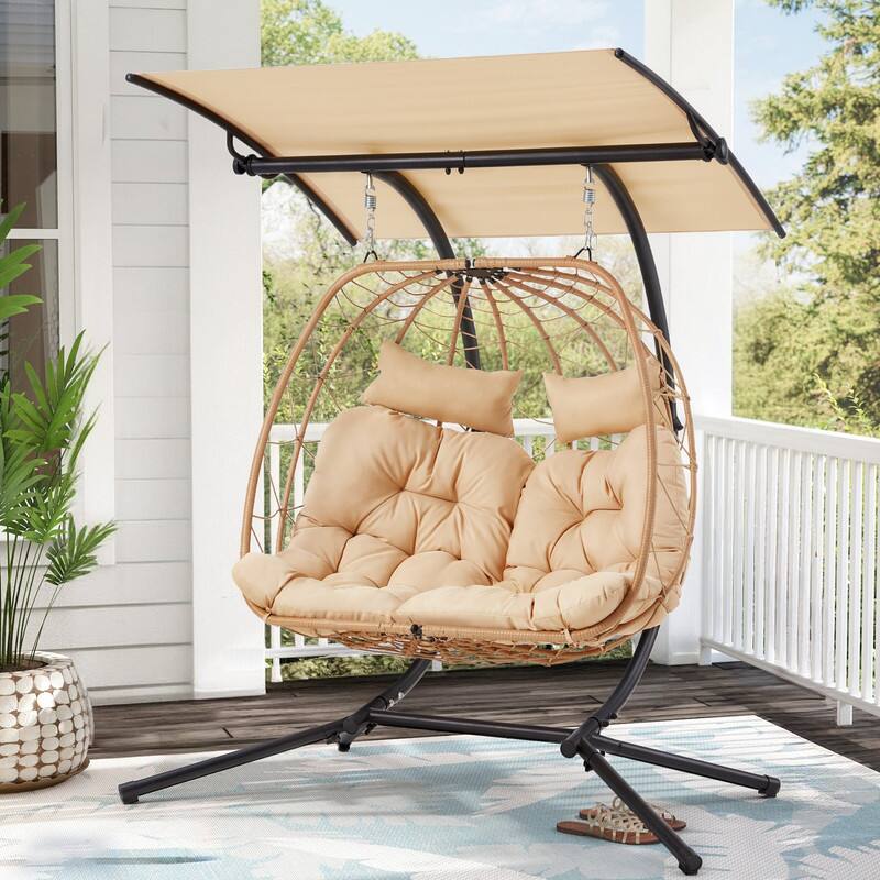 Front. U-HOMY - Trapezoid Rattan Hanging Swing Chair for 2 – Indoor/Outdoor Patio with Canopy - Beige.