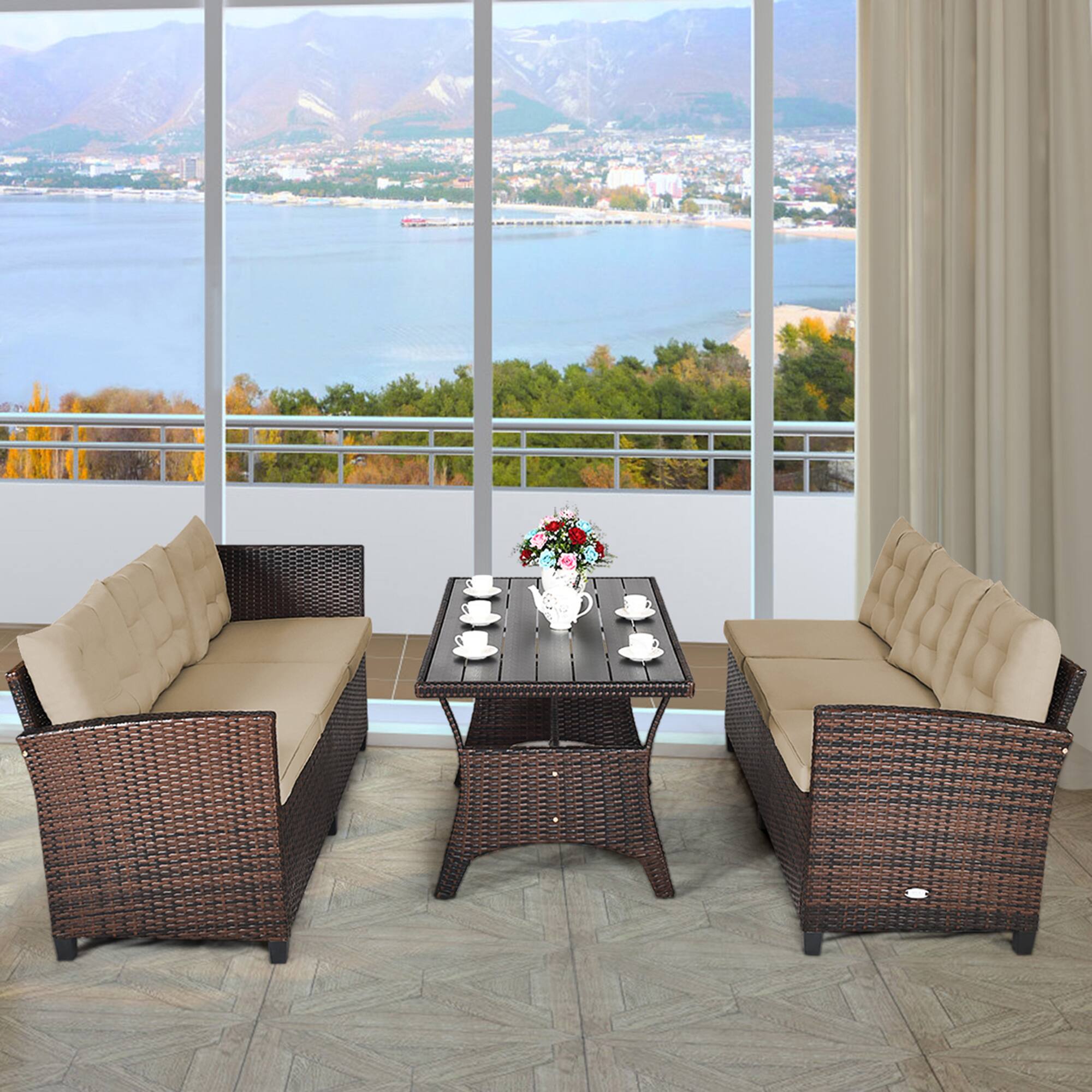 Alt View 3. Gymax - Gymax 3PCS Rattan Dining Sofa Set w/6 Cushioned Seats Patio Furniture - AS PICS.