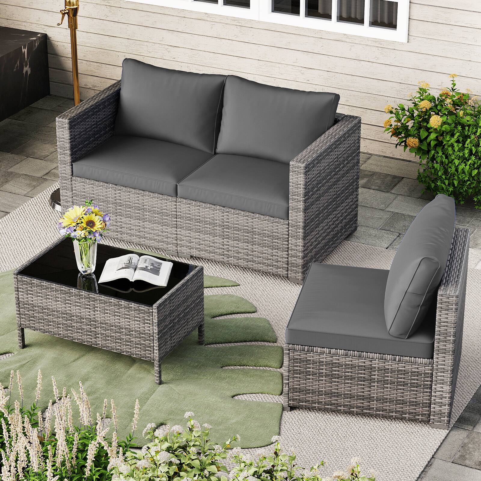 Alt View 4. Gymax - Gymax Set of 3 Patio Sectional Sofa Set PE Rattan Modular Couch Furniture Set w/Cushions Grey - Gray.
